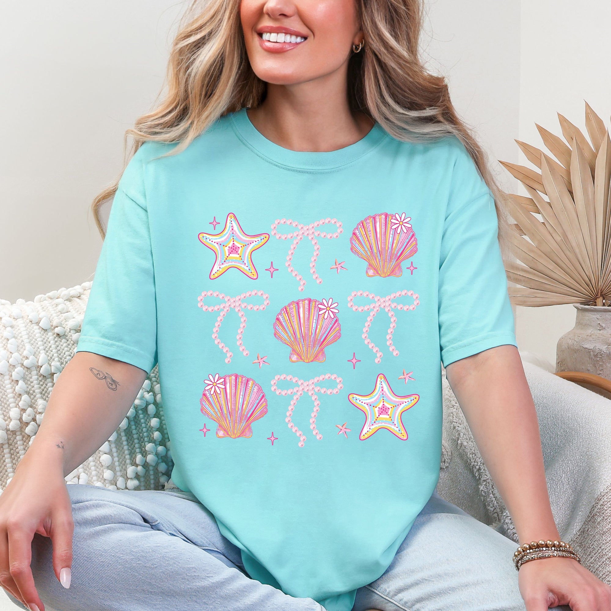 Seashell Beach Coquette Pearls Ribbon Summer Sunset Limited Edition Coastal Print Comfort Colors Tee