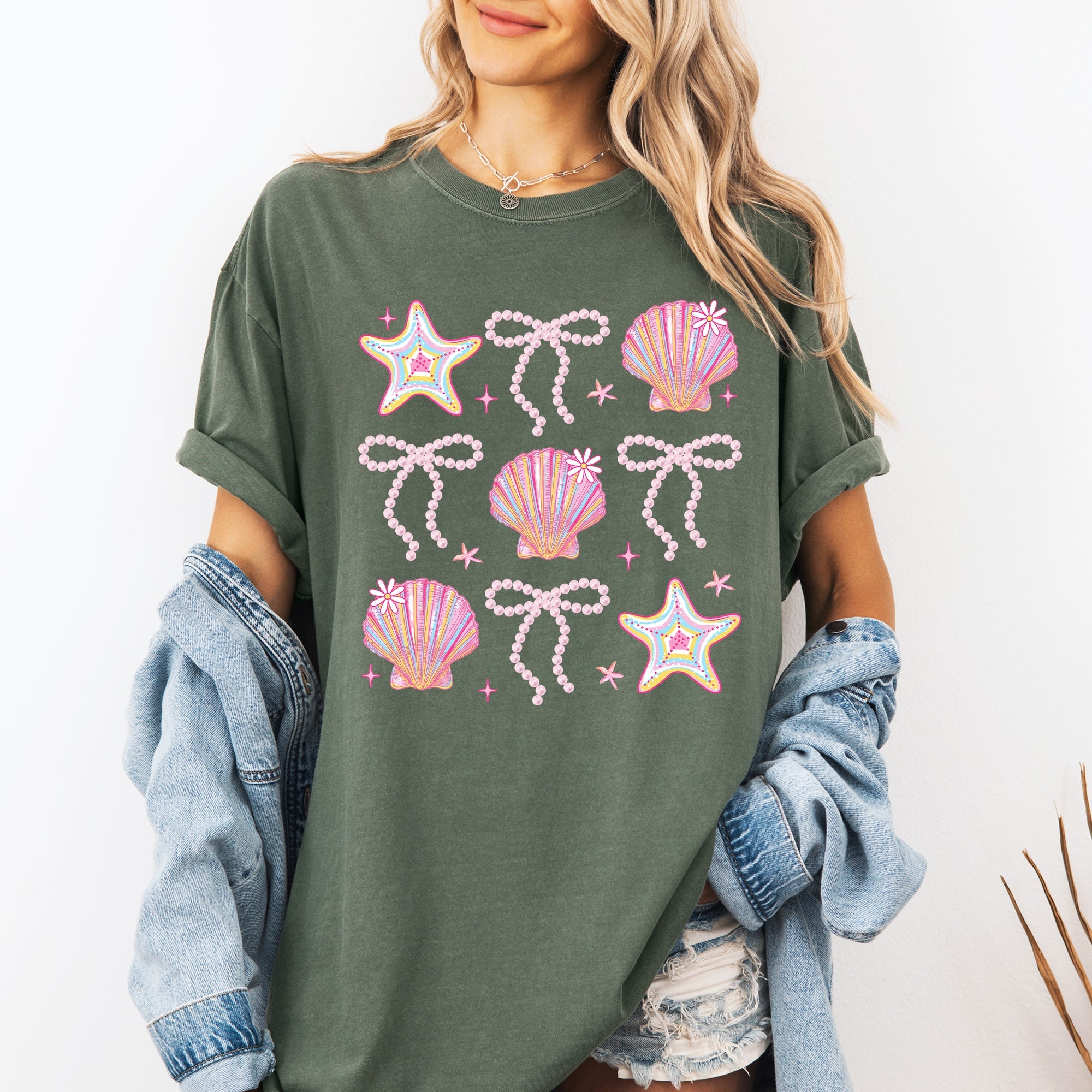 Seashell Beach Coquette Pearls Ribbon Summer Sunset Limited Edition Coastal Print Comfort Colors Tee