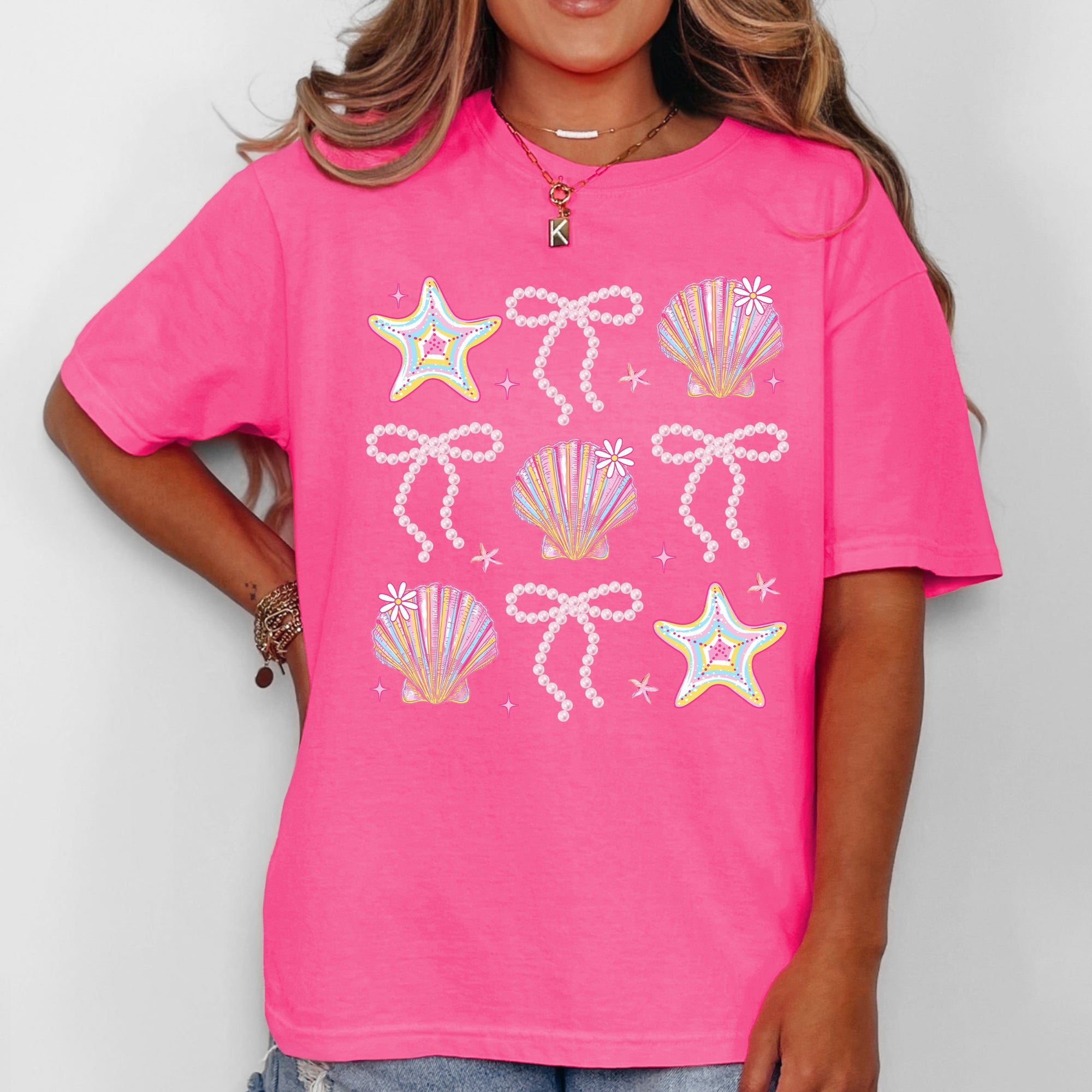 Seashell Beach Coquette Pearls Ribbon Summer Sunset Limited Edition Coastal Print Comfort Colors Tee
