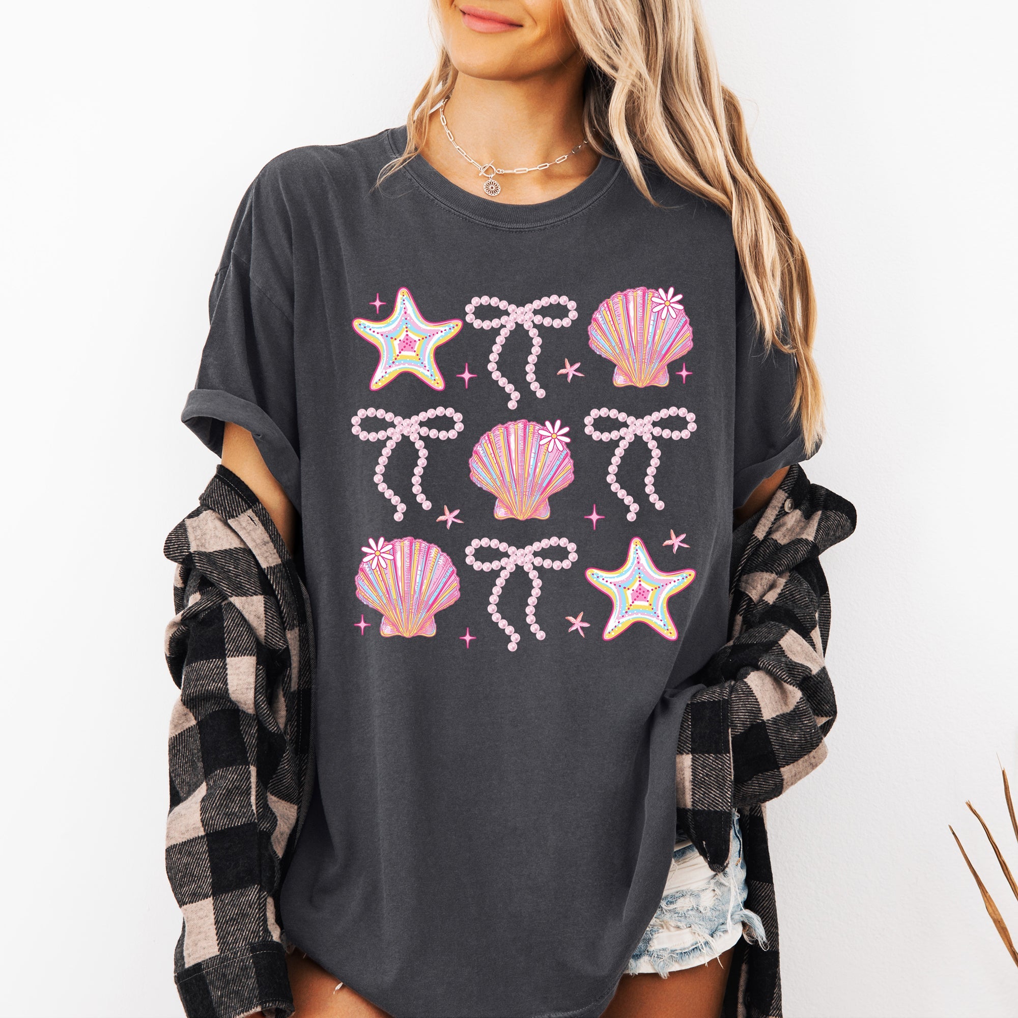 Seashell Beach Coquette Pearls Ribbon Summer Sunset Limited Edition Coastal Print Comfort Colors Tee