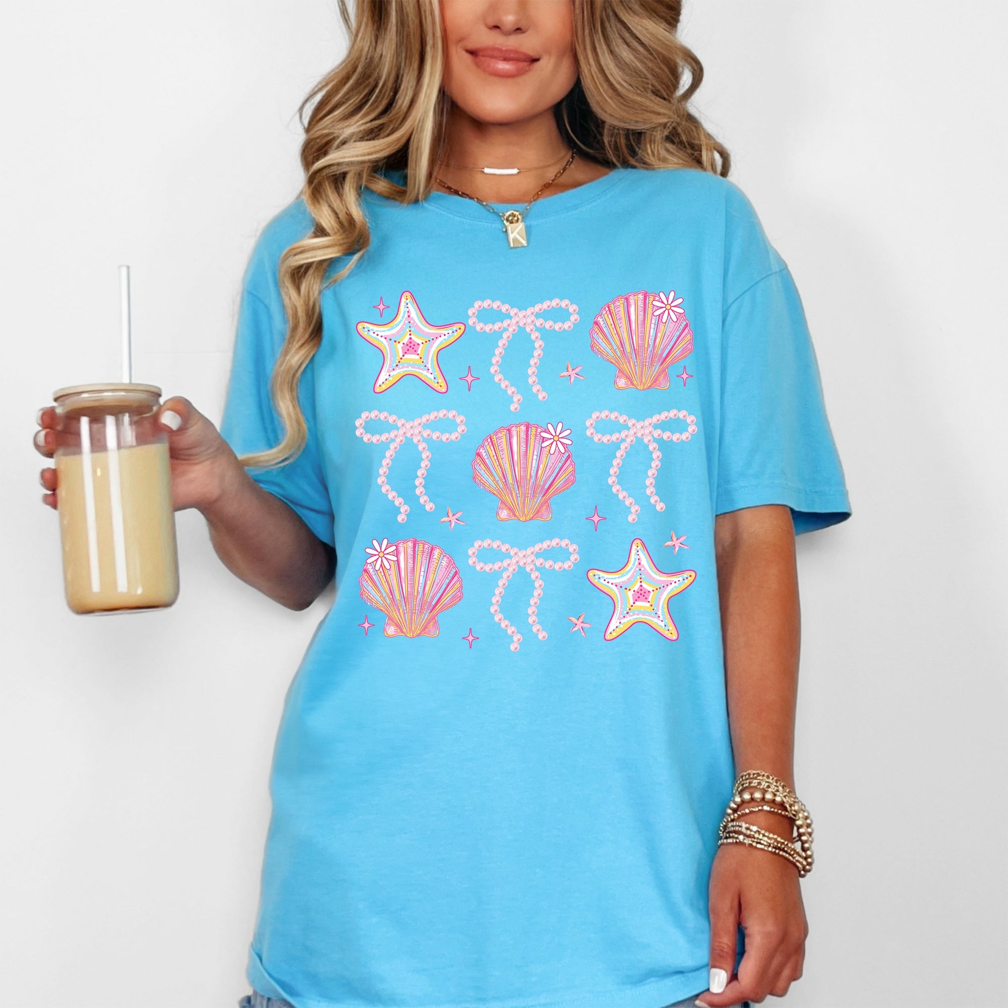 Seashell Beach Coquette Pearls Ribbon Summer Sunset Limited Edition Coastal Print Comfort Colors Tee