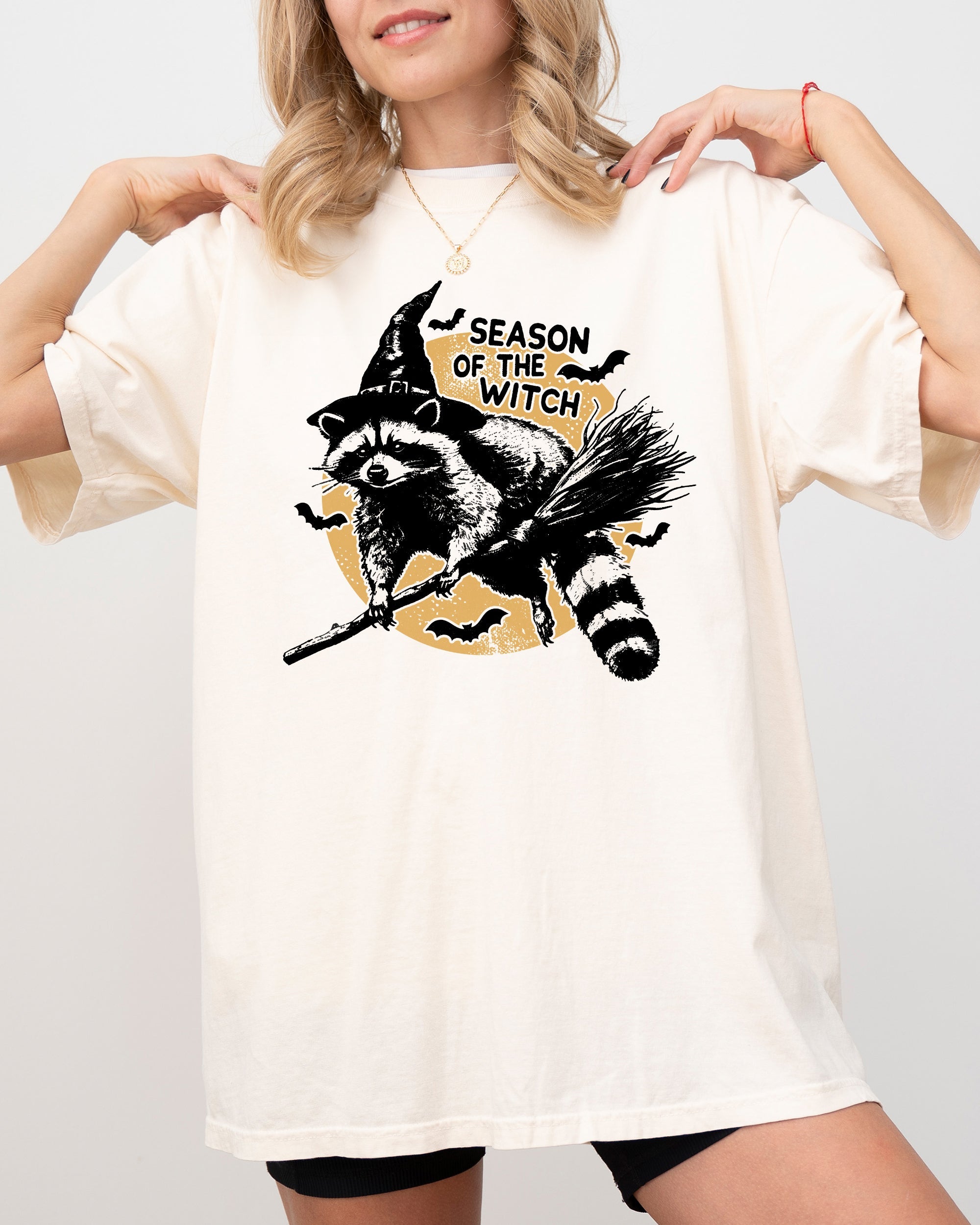 Season Of The Witch Cute Raccoon Halloween Meme Bats Moon Spooky Comfort Colors Tee