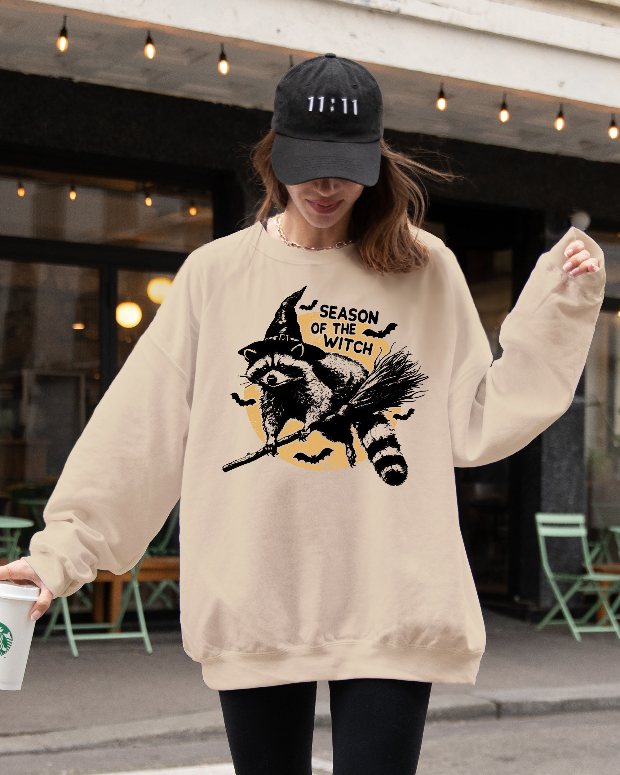 Season Of The Witch Raccoon Halloween Meme Bats Moon Spooky Midnight Graphic Sweatshirt