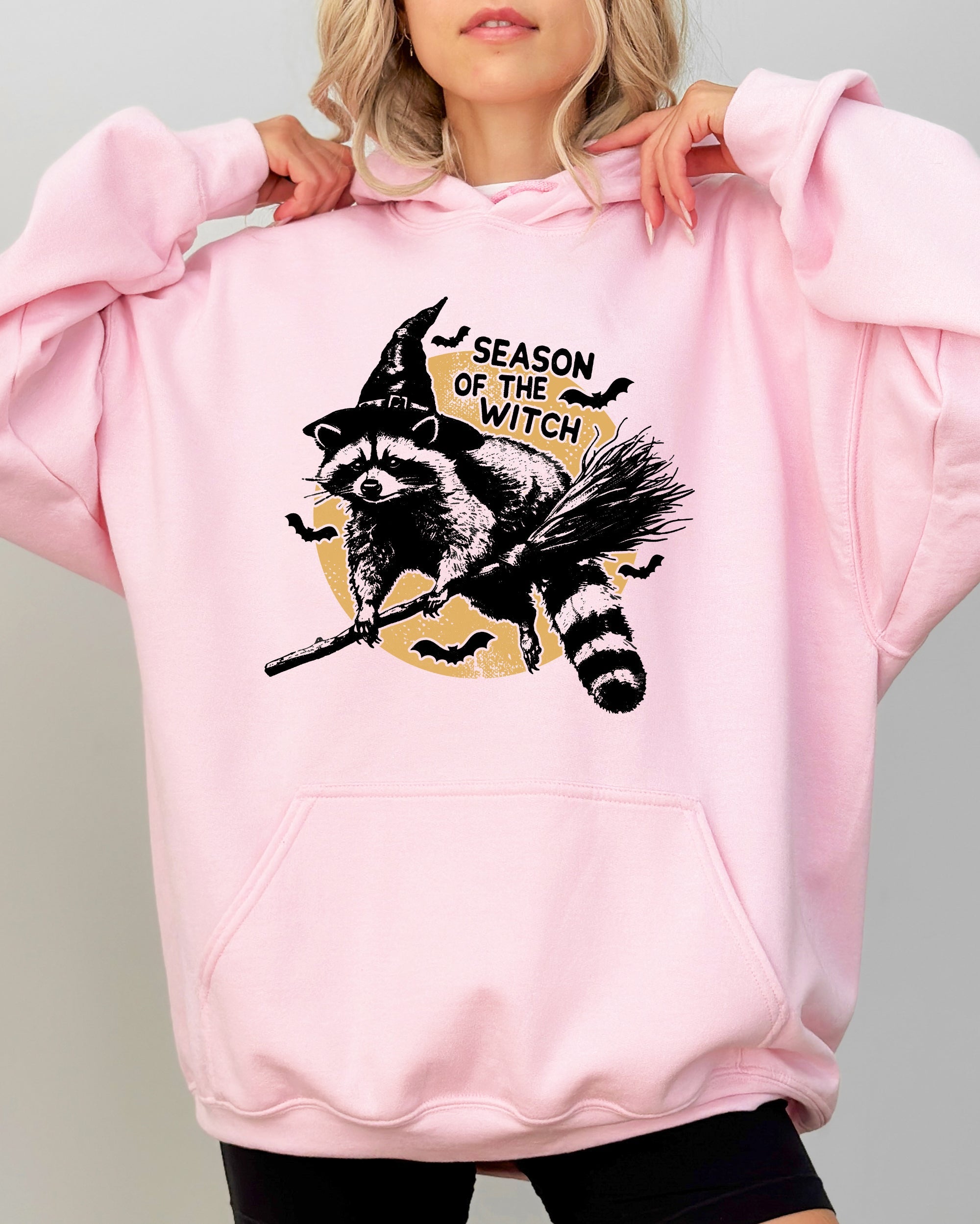 Season Of The Witch Cute Raccoon Halloween Meme Bats Moon Spooky Hooded Sweatshirt