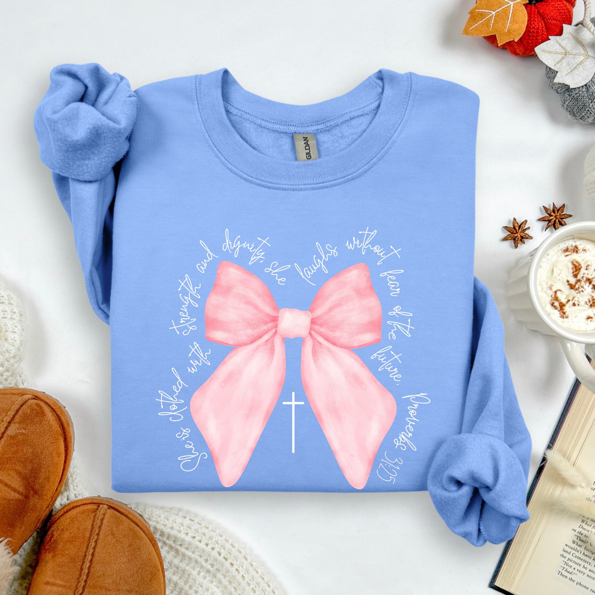 She Is Clothed With Strength And Dignity Proverbs Bows Ribbon Girly Religious Christmas Faith Sweatshirt
