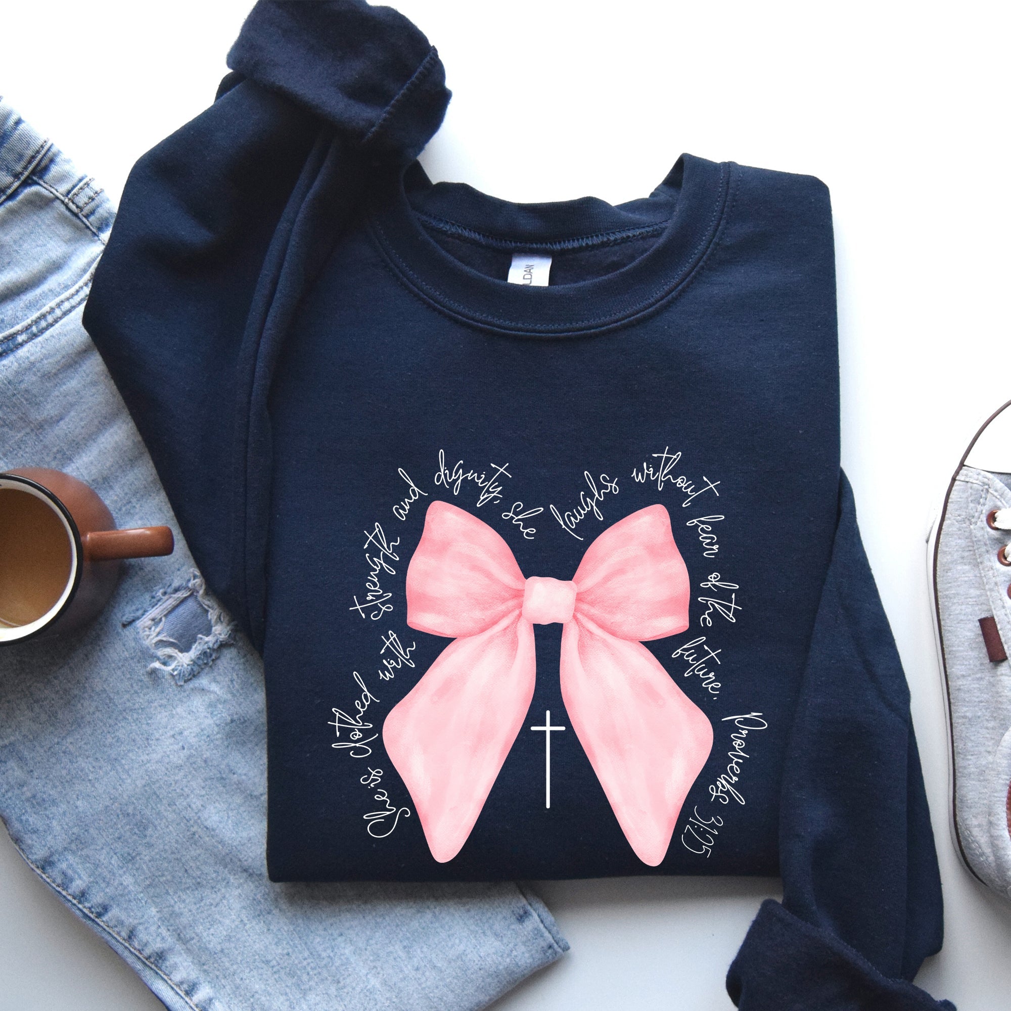 She Is Clothed With Strength And Dignity Proverbs Bows Ribbon Girly Religious Christmas Faith Sweatshirt