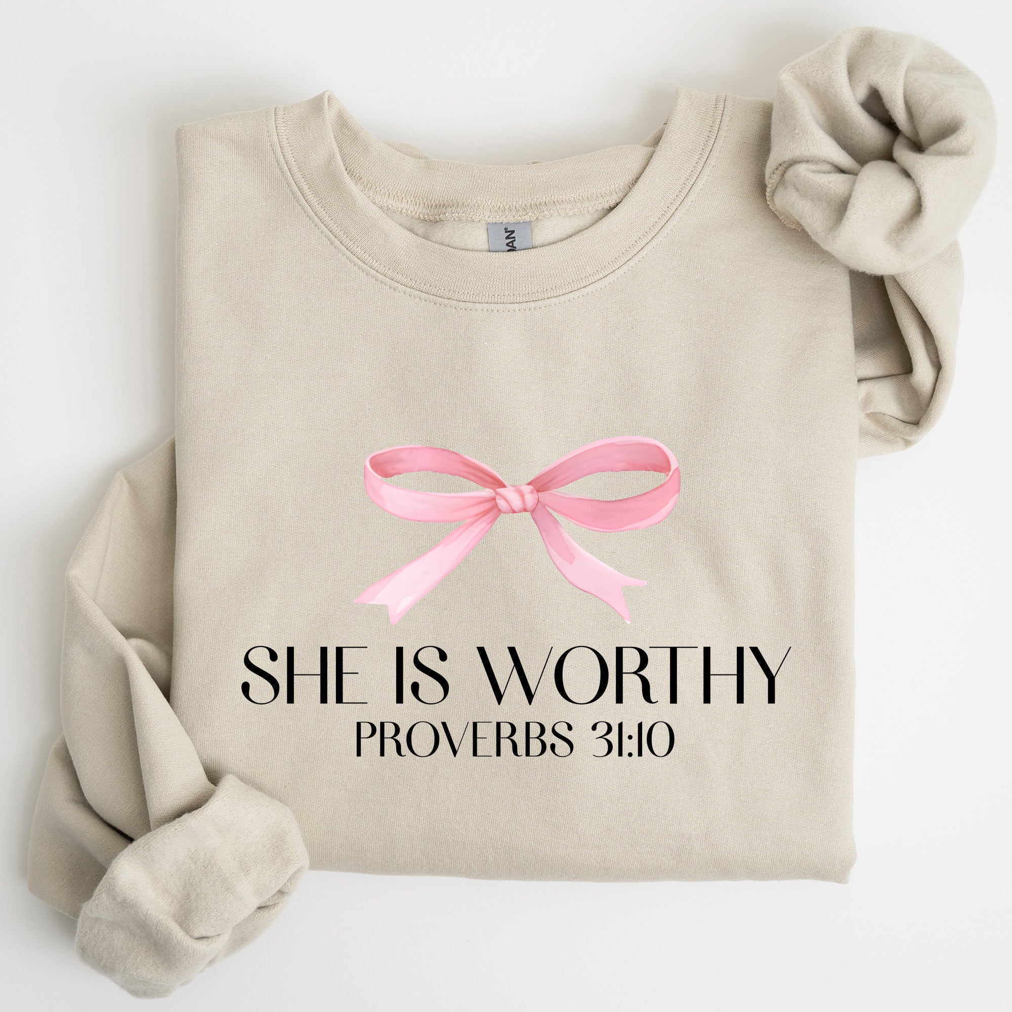 She Is Worthy Bible Verse Christmas Bow Pink Proverbs Soft Girl Era Inspirational Sweatshirt