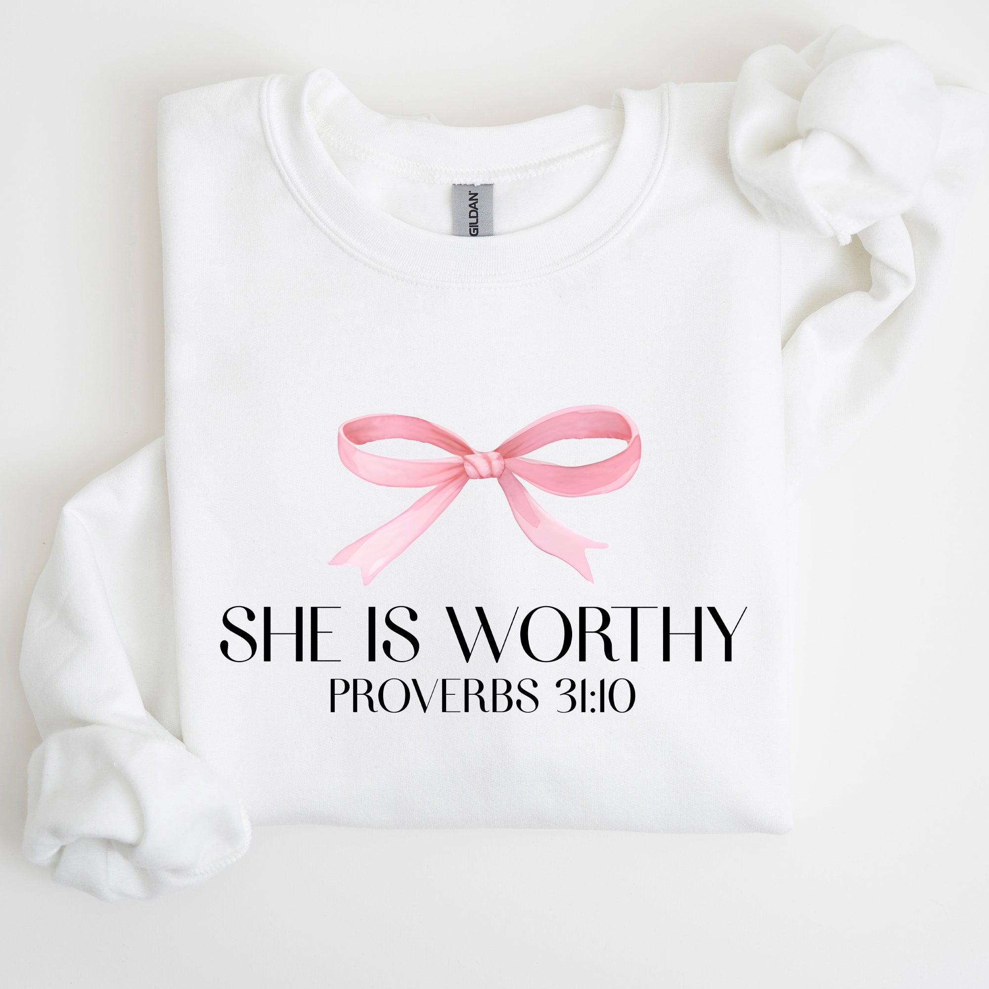 She Is Worthy Bible Verse Christmas Bow Pink Proverbs Soft Girl Era Inspirational Sweatshirt