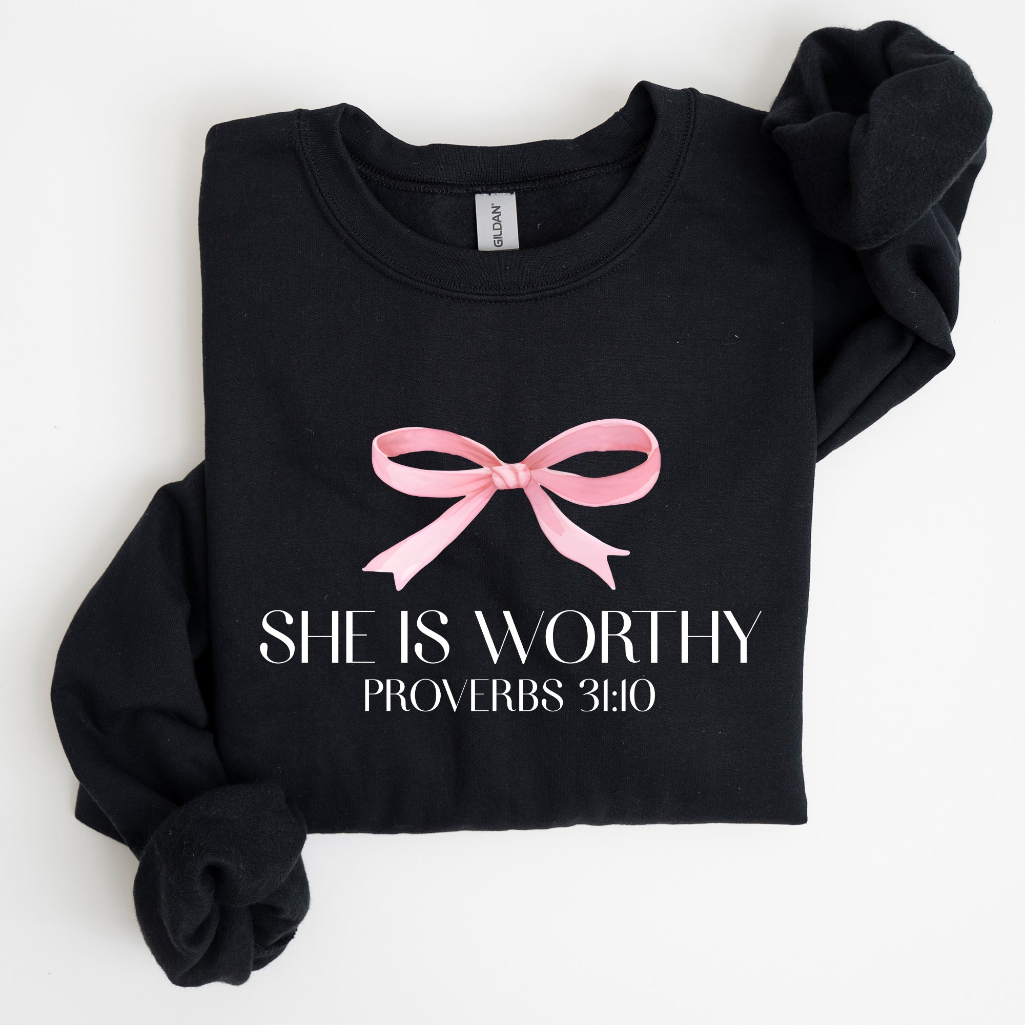 She Is Worthy Bible Verse Christmas Bow Pink Proverbs Soft Girl Era Inspirational Sweatshirt