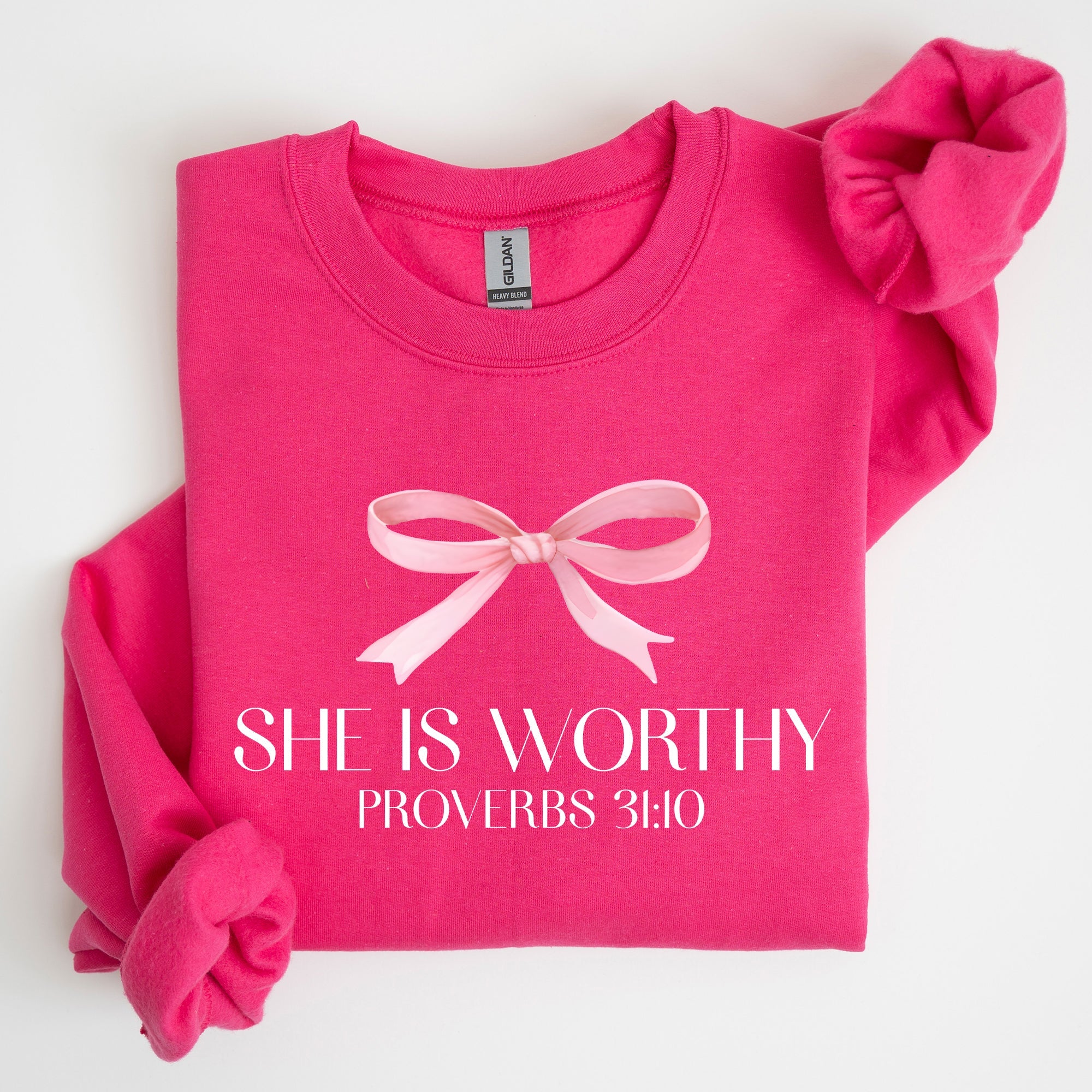 She Is Worthy Bible Verse Christmas Bow Pink Proverbs Soft Girl Era Inspirational Sweatshirt