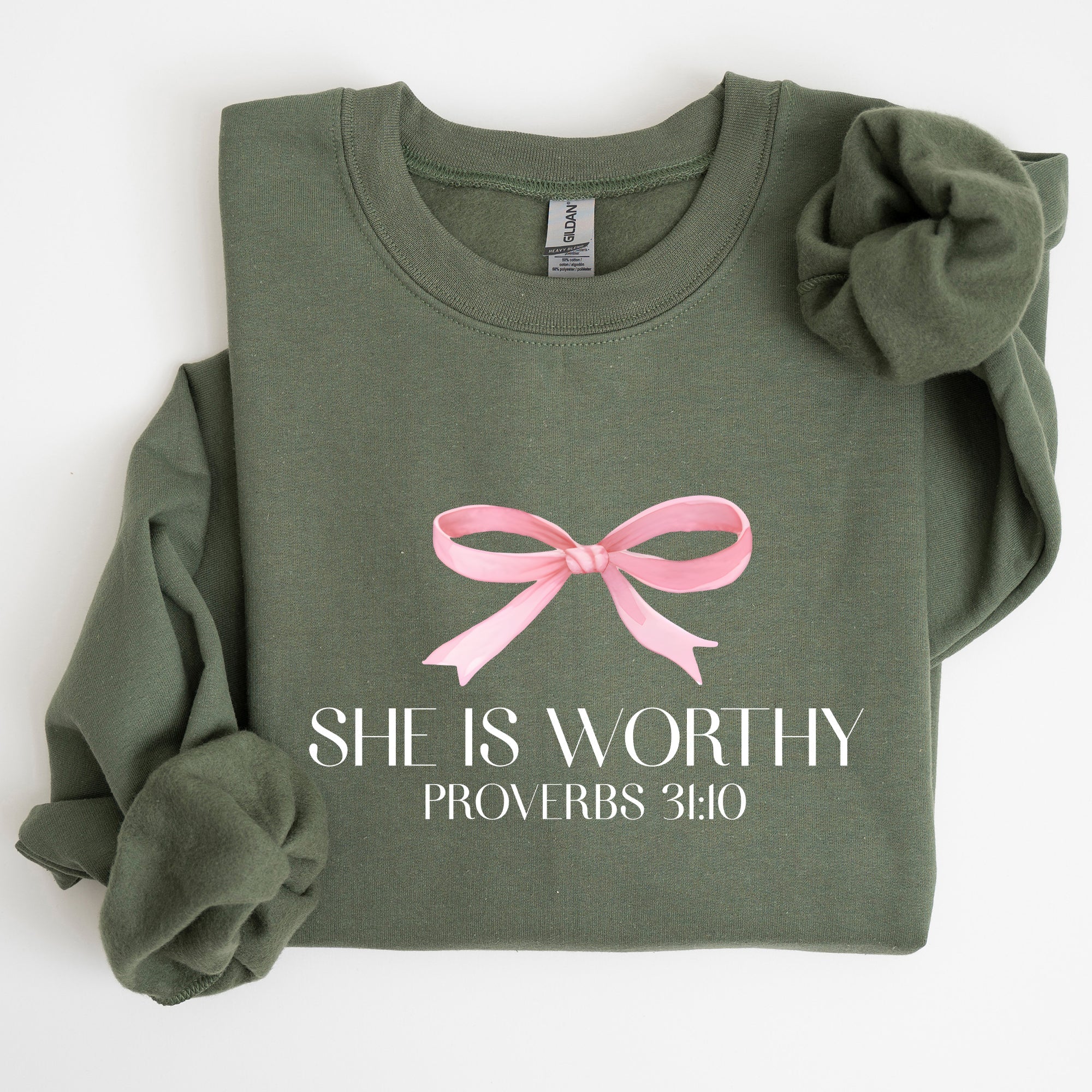 She Is Worthy Bible Verse Christmas Bow Pink Proverbs Soft Girl Era Inspirational Sweatshirt