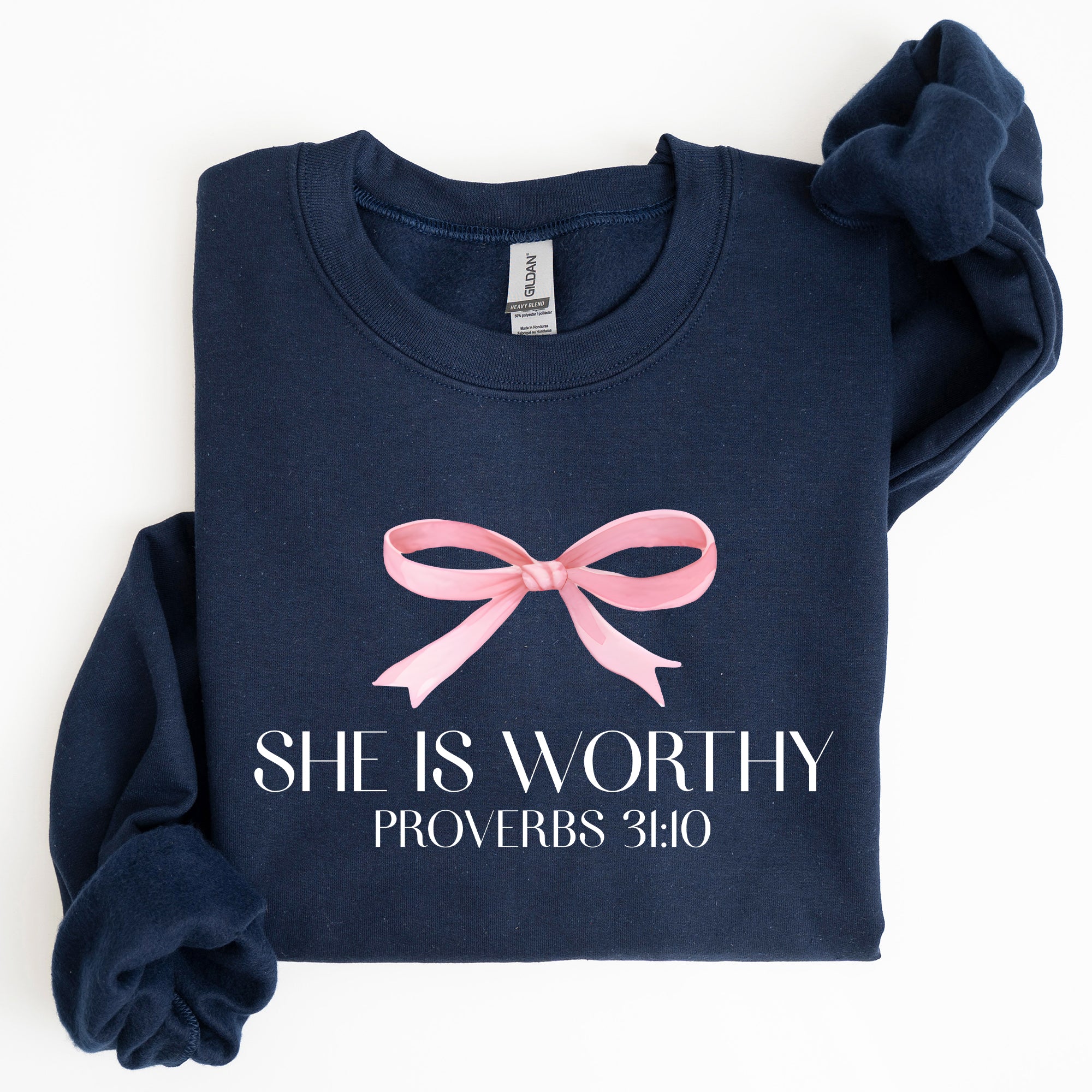 She Is Worthy Bible Verse Christmas Bow Pink Proverbs Soft Girl Era Inspirational Sweatshirt