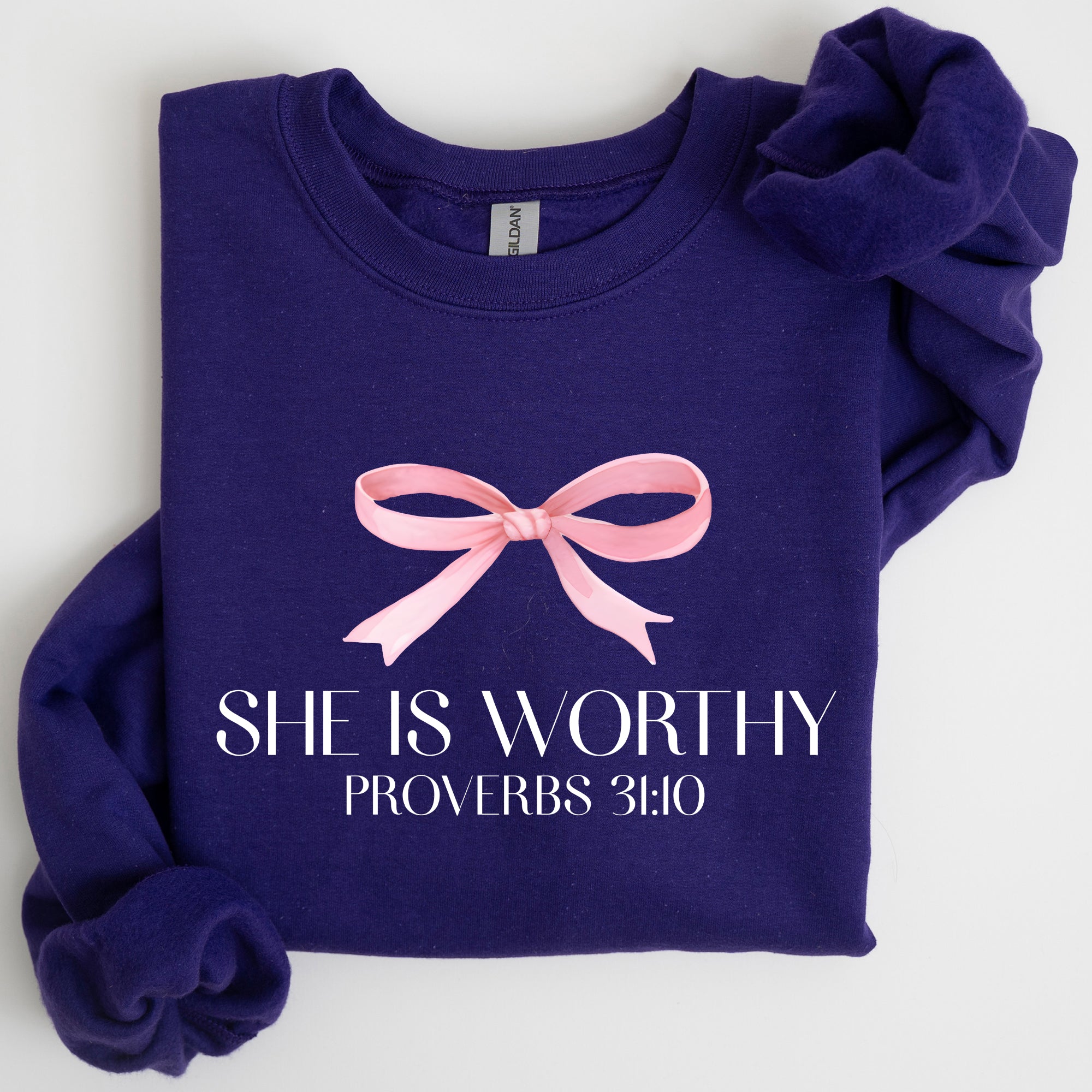 She Is Worthy Bible Verse Christmas Bow Pink Proverbs Soft Girl Era Inspirational Sweatshirt