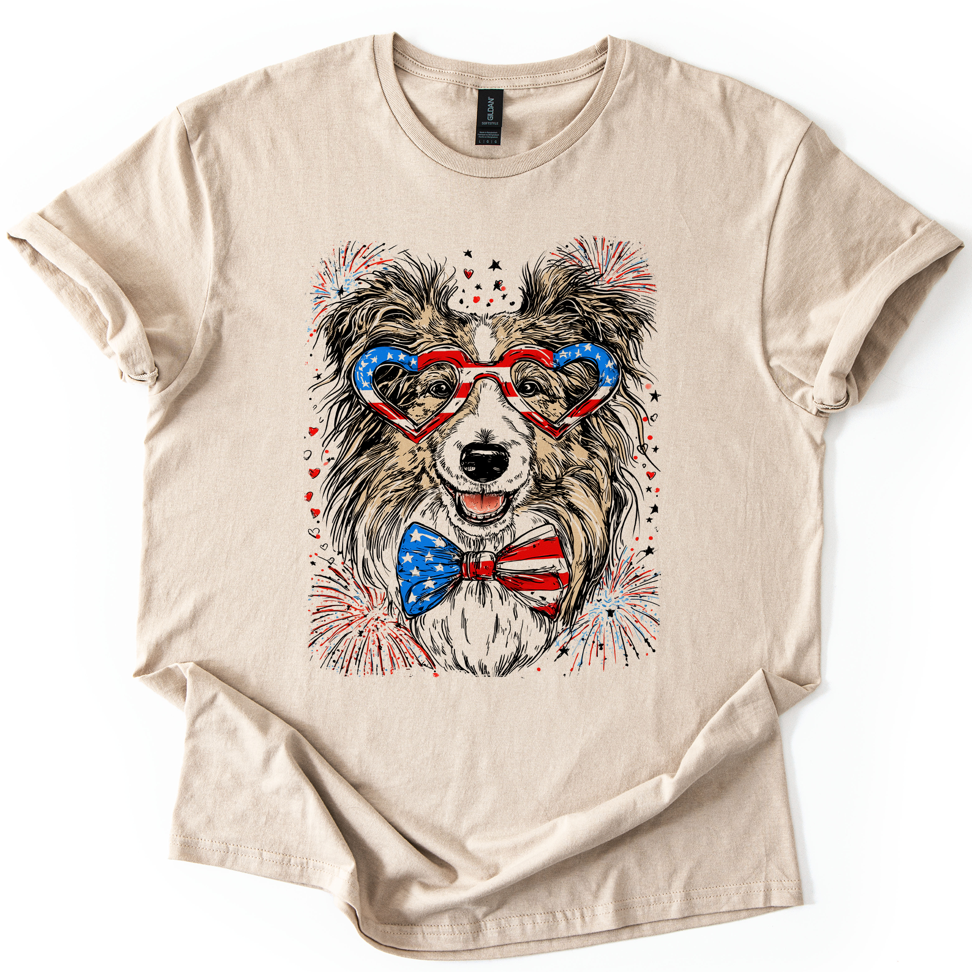 Sheltie Patriotic Dog USA Flag Fourth Of July Pet Lover Shetland Sheepdog Graphic Tee
