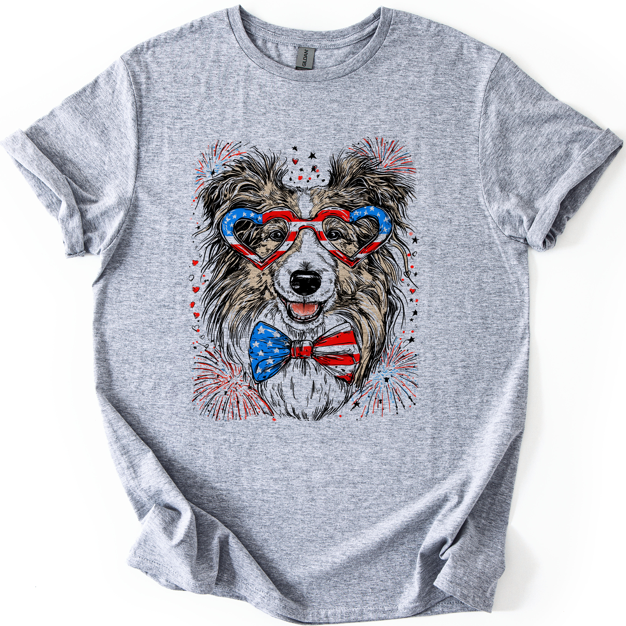 Sheltie Patriotic Dog USA Flag Fourth Of July Pet Lover Shetland Sheepdog Graphic Tee