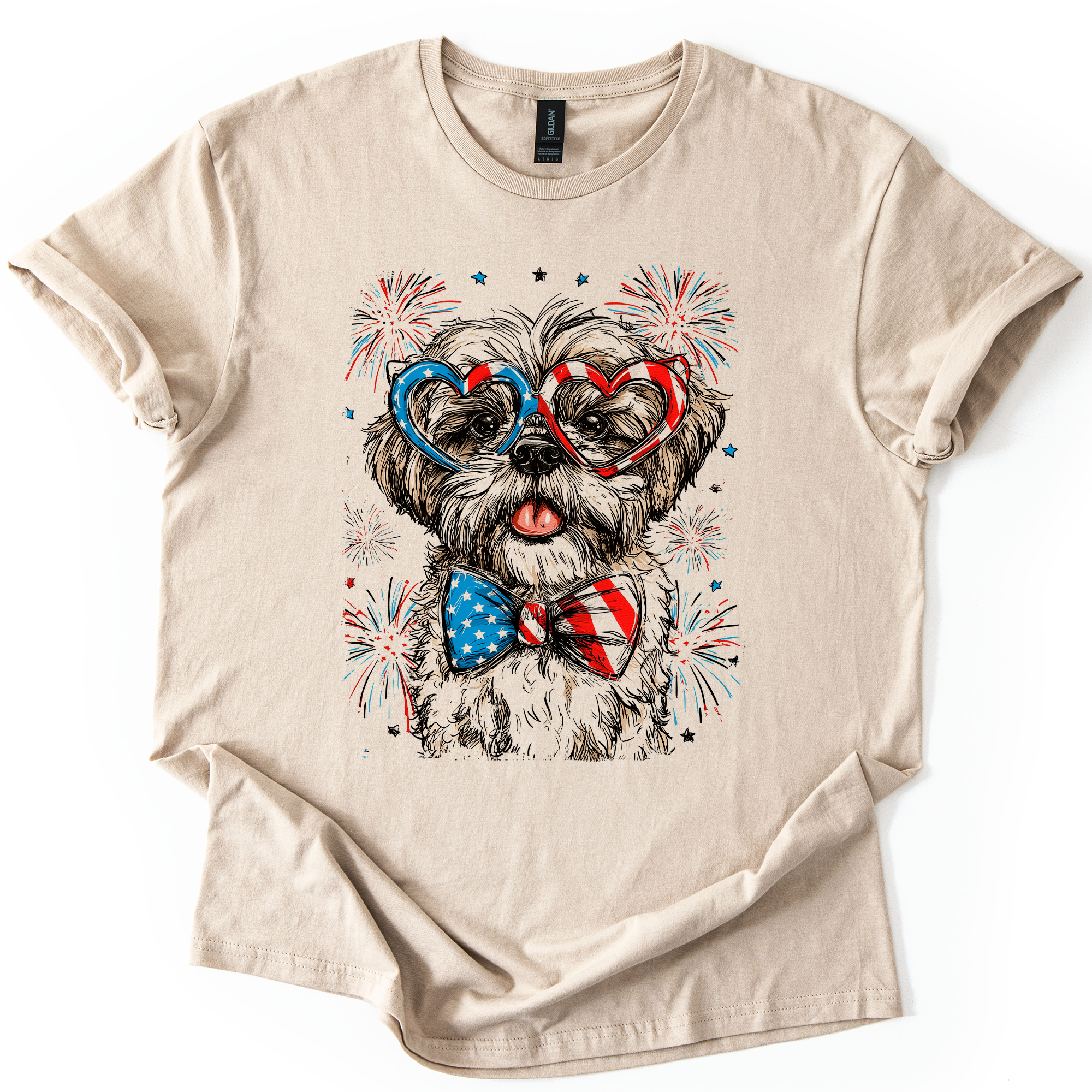 Shih Tzu Patriotic Dog Proudly American USA Fourth Of July Celebration With Flag Imagery For Pet Lovers Graphic Tee