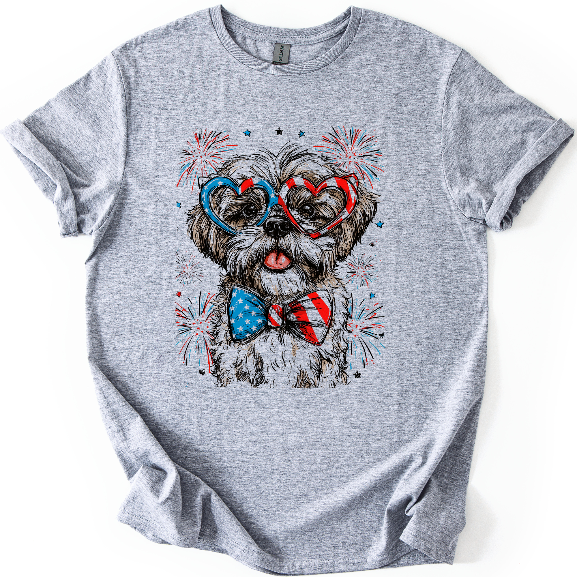 Shih Tzu Patriotic Dog Proudly American USA Fourth Of July Celebration With Flag Imagery For Pet Lovers Graphic Tee