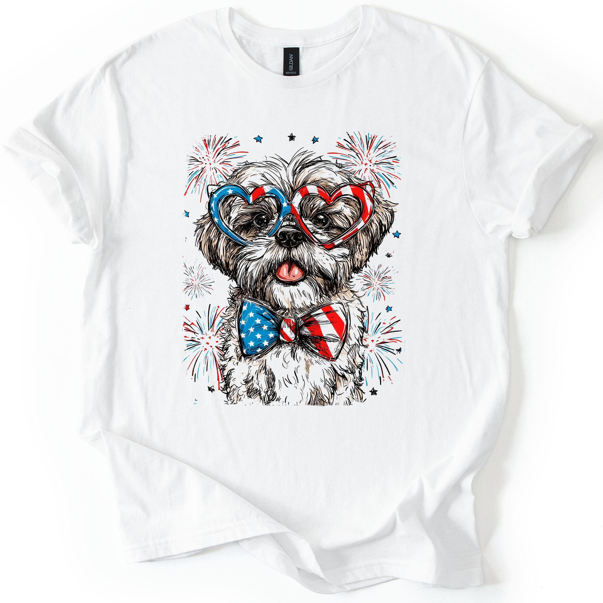Shih Tzu Patriotic Dog Proudly American USA Fourth Of July Celebration With Flag Imagery For Pet Lovers Graphic Tee