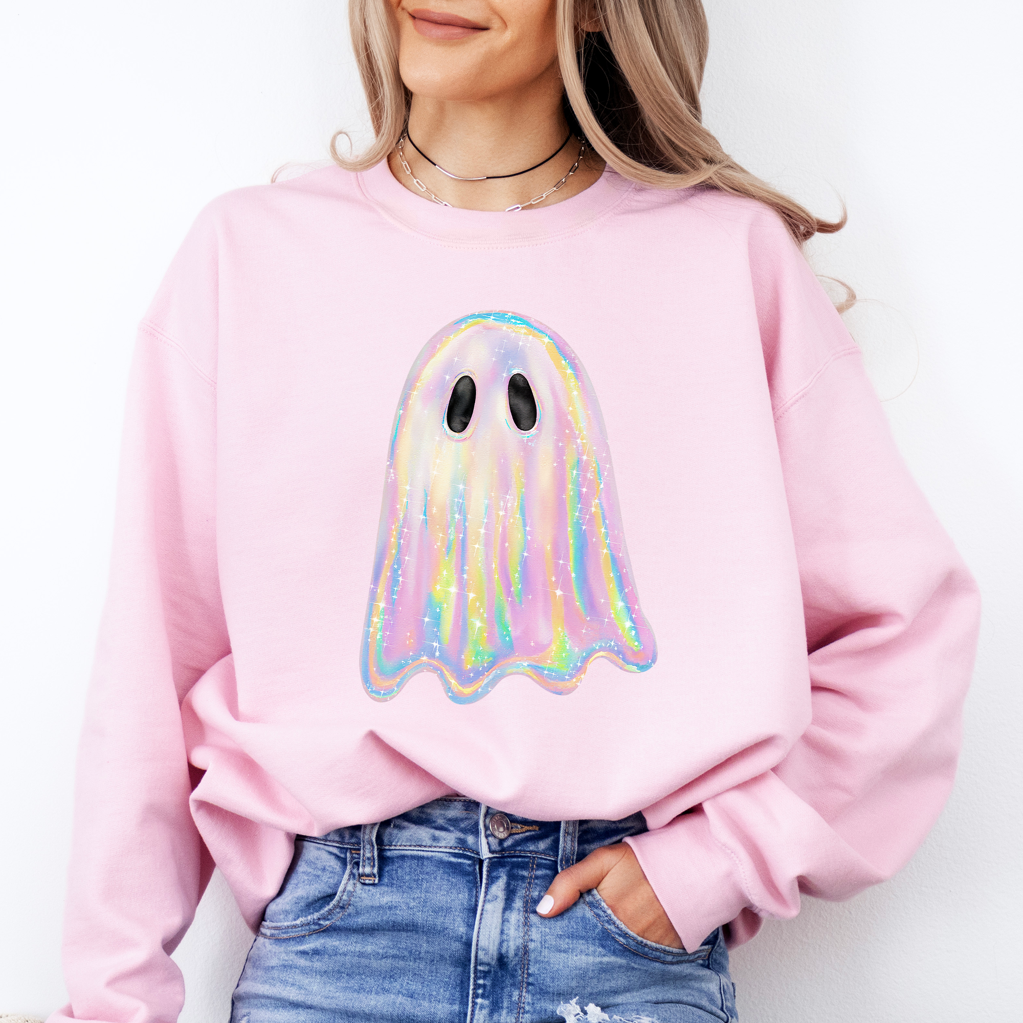 Shimmering Ghost Iridescent Boo Cute Ghost Faux Glitter Spooky Season Halloween Sweatshirt