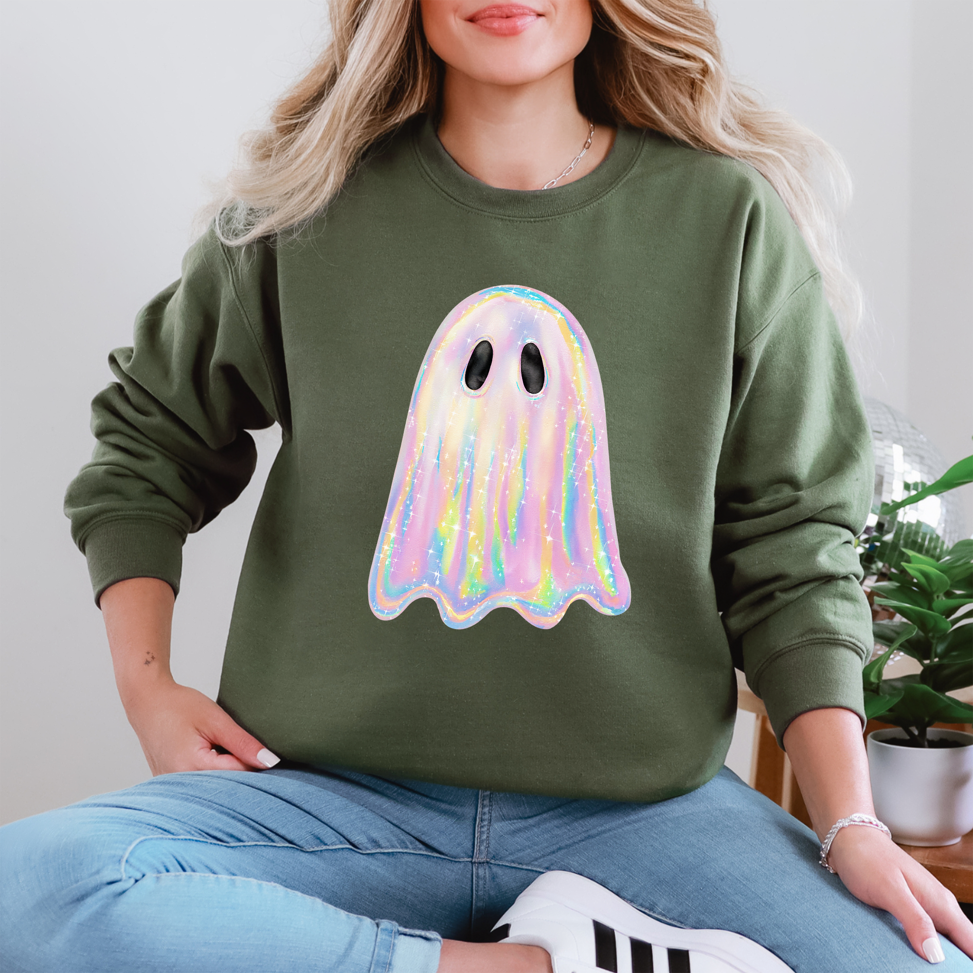 Shimmering Ghost Iridescent Boo Cute Ghost Faux Glitter Spooky Season Halloween Sweatshirt