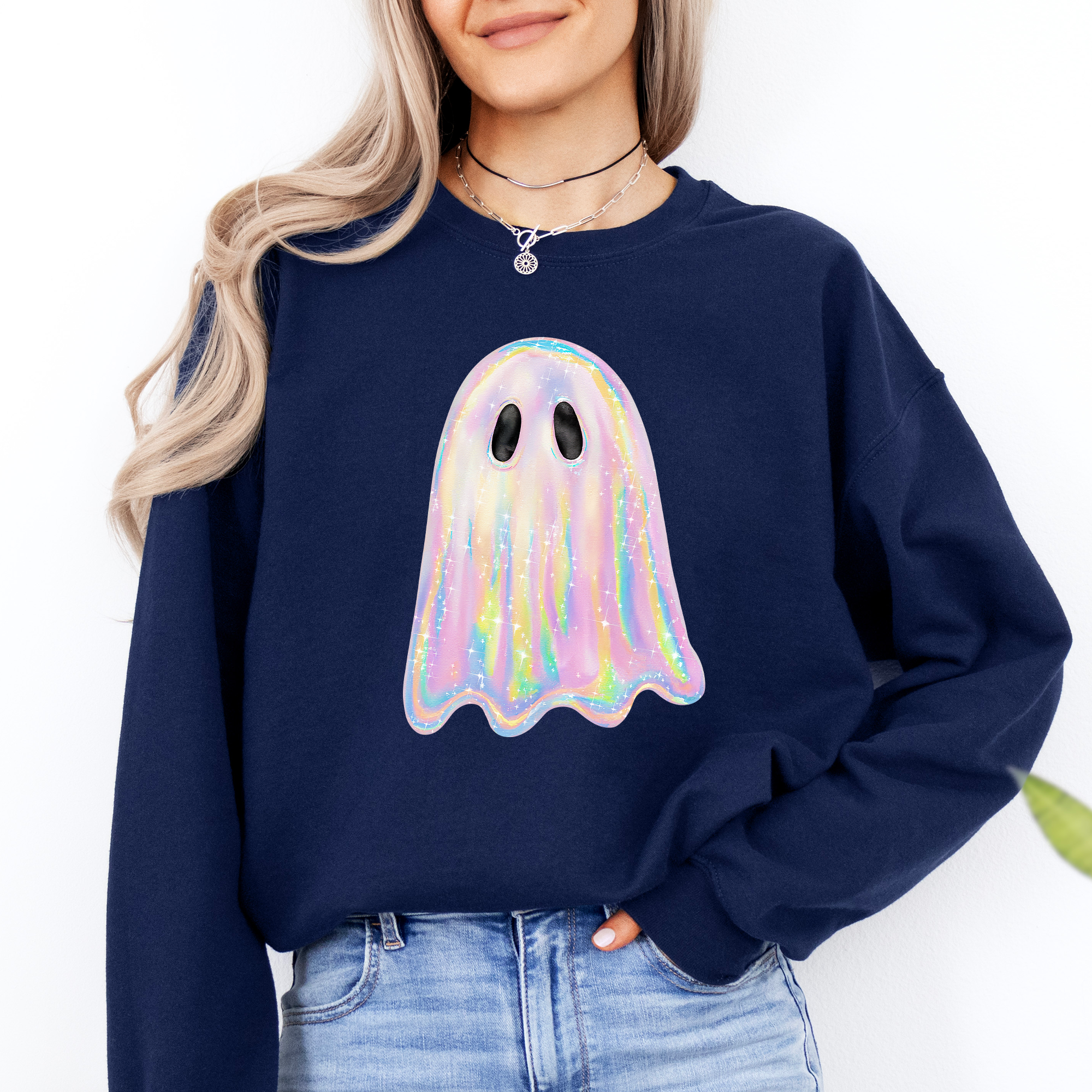 Shimmering Ghost Iridescent Boo Cute Ghost Faux Glitter Spooky Season Halloween Sweatshirt