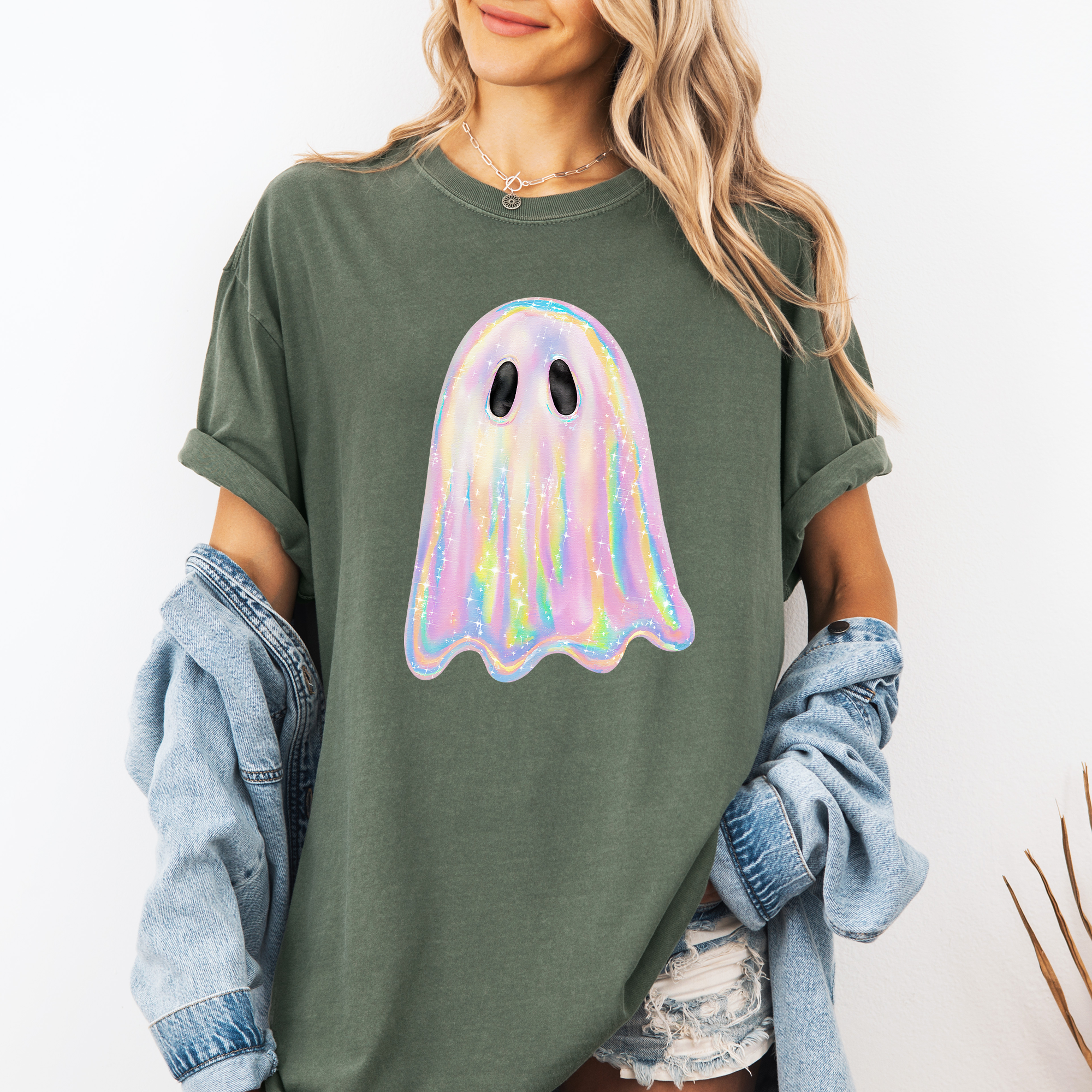 Shimmering Ghost Iridescent Boo Cute Ghost Faux Glitter Spooky Season Halloween Comfort Colors Tee