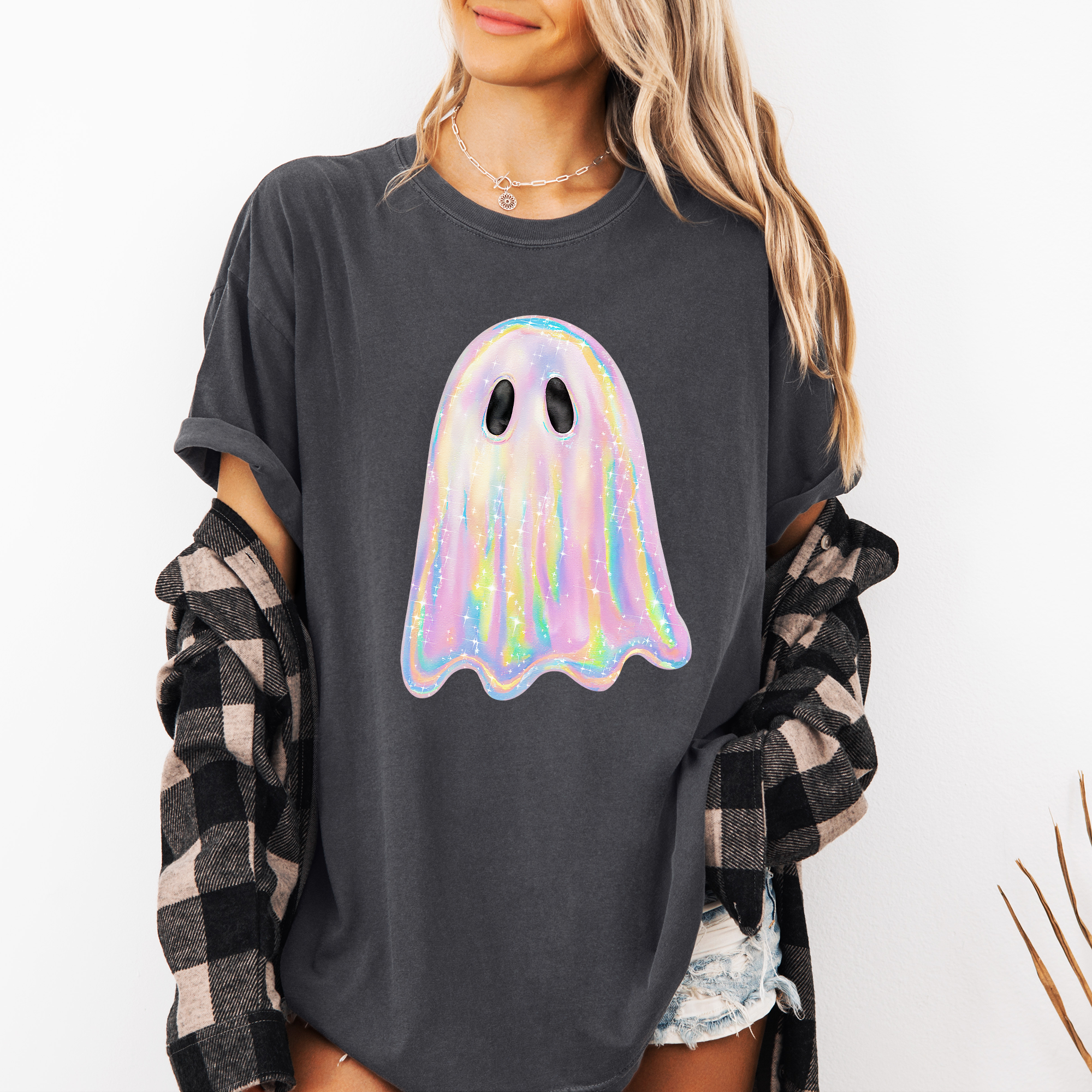 Shimmering Ghost Iridescent Boo Cute Ghost Faux Glitter Spooky Season Halloween Comfort Colors Tee
