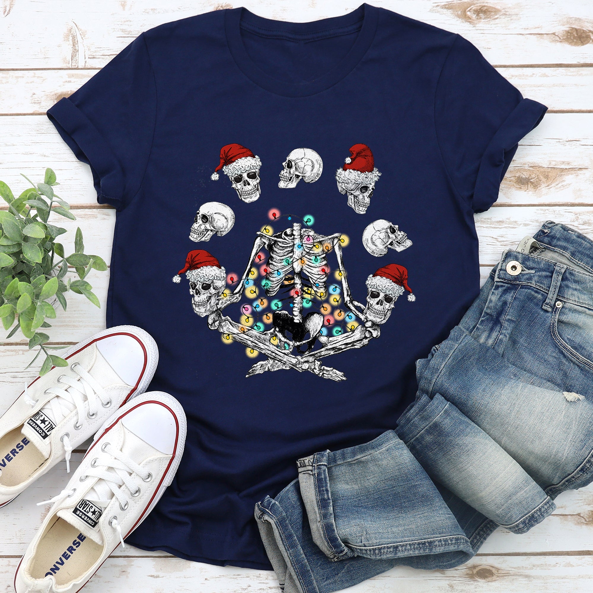 Skeleton Christmas Juggling Santa Yoga Sleigh Ride Parade Mischief Holiday Cheer Graphic Tee