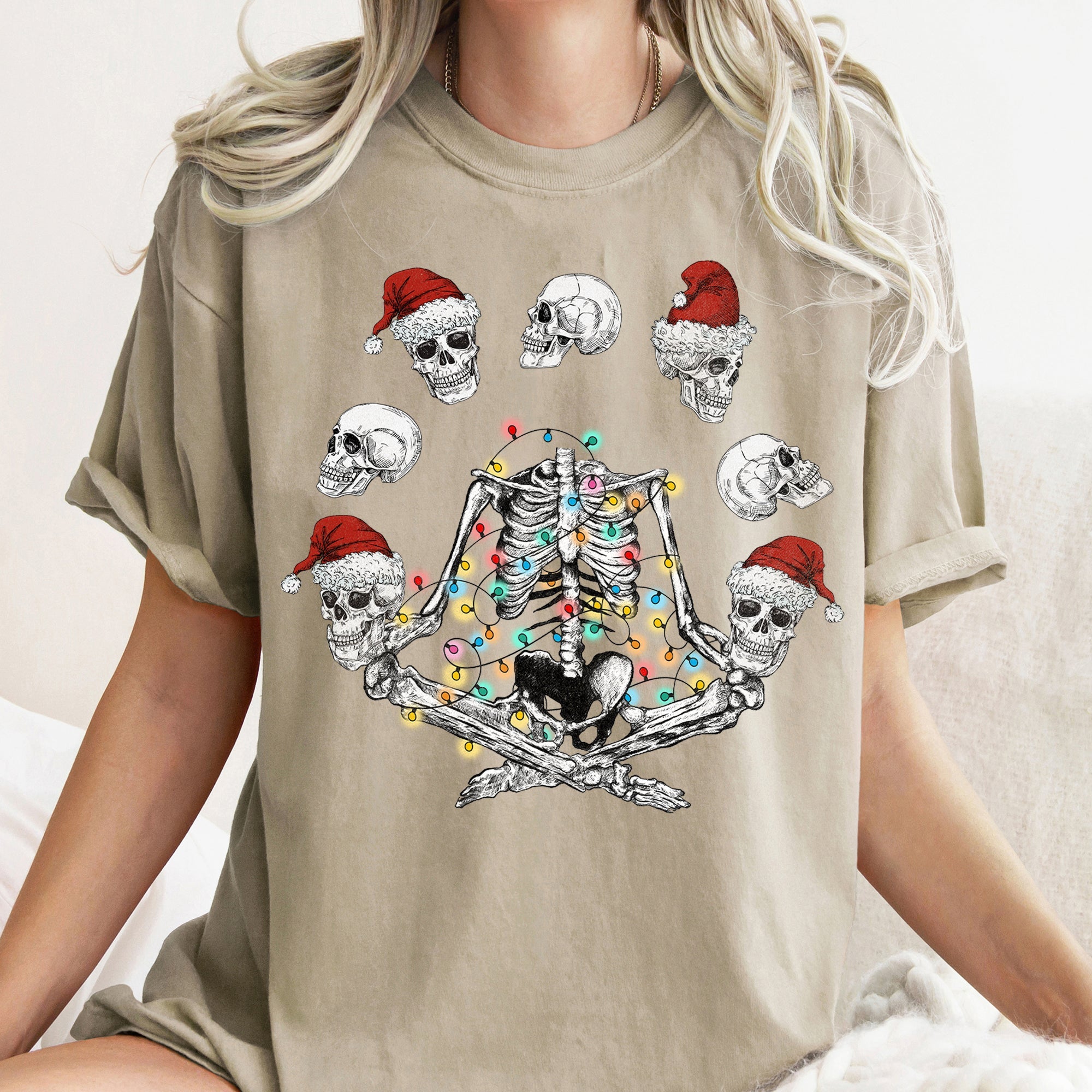 Skeleton Christmas Juggling Yoga Santa Claus Festive Holiday Party Artwork Comfort Colors Tee