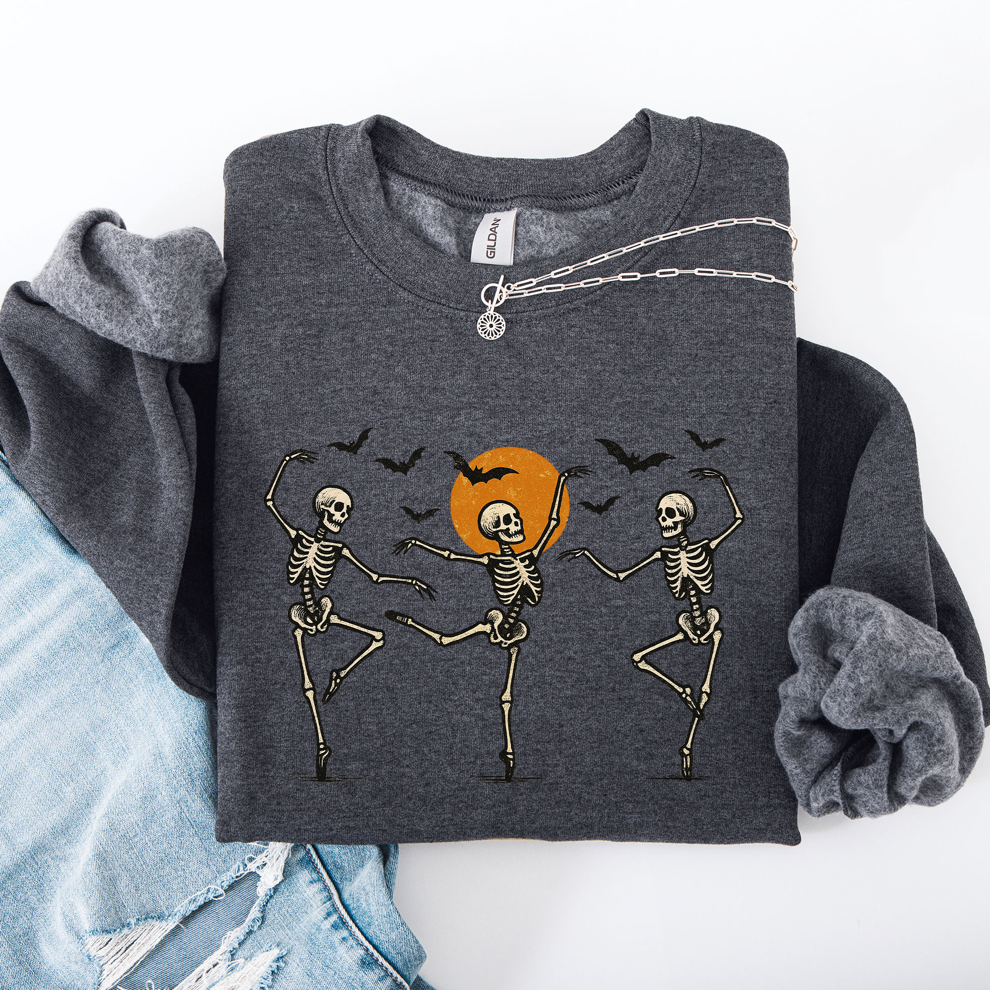 Skeleton Dancers Halloween Parade Vintage Moonlit Street Scene Cozy Retro Sweatshirt