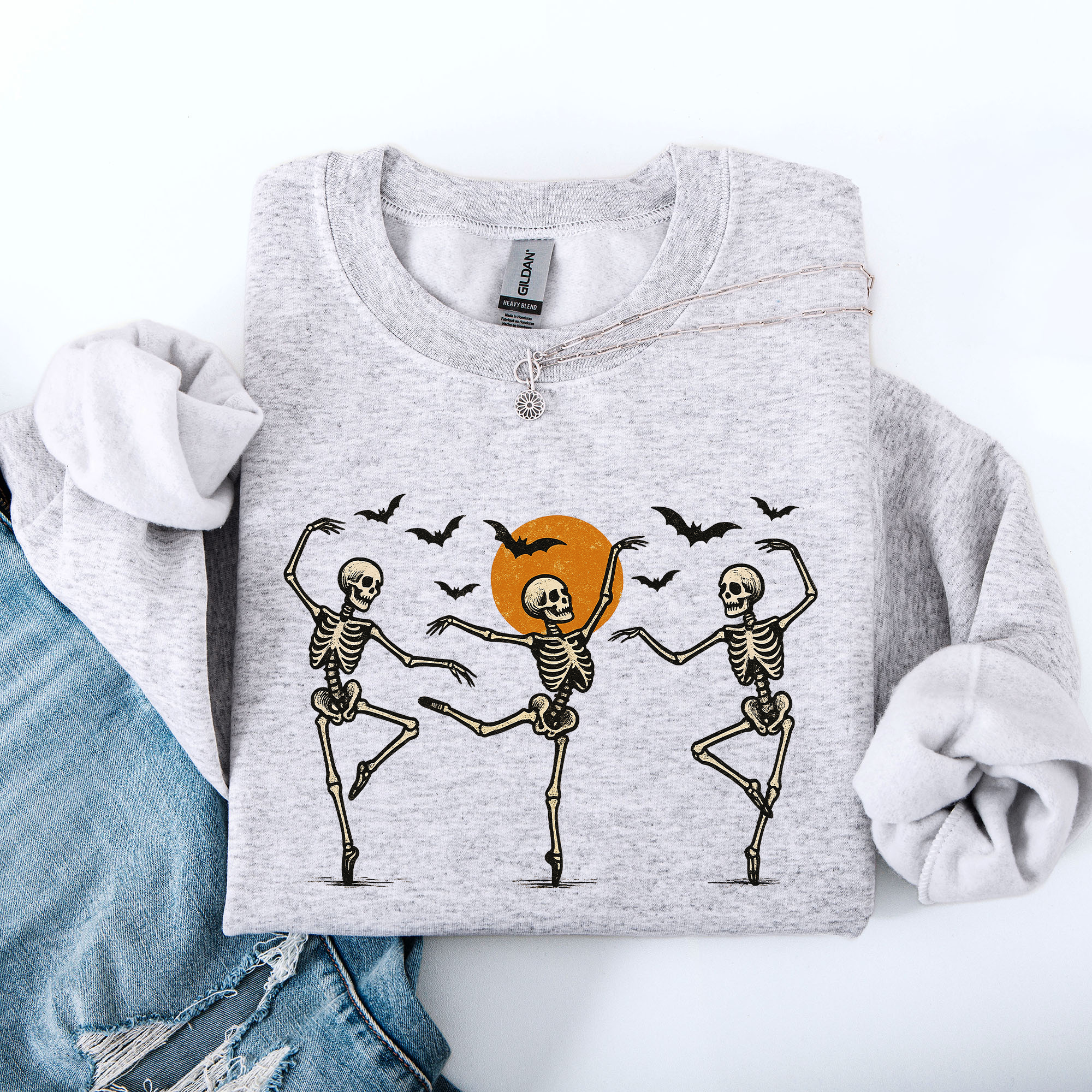 Skeleton Dancers Halloween Parade Vintage Moonlit Street Scene Cozy Retro Sweatshirt