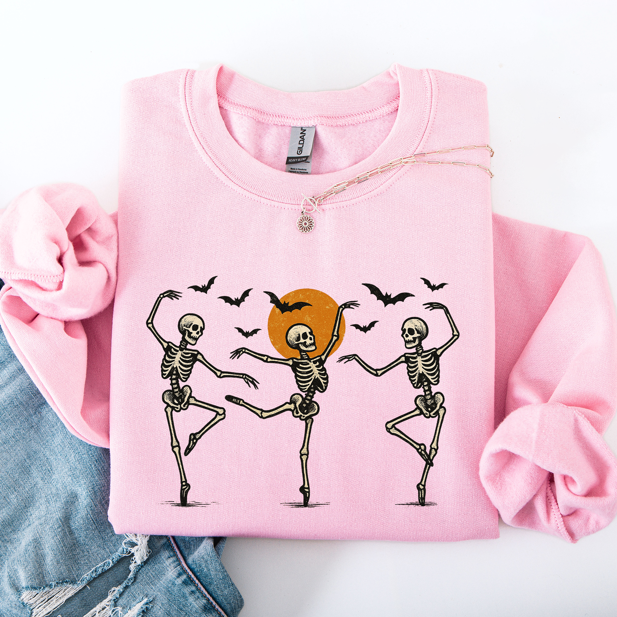 Skeleton Dancers Halloween Parade Vintage Moonlit Street Scene Cozy Retro Sweatshirt