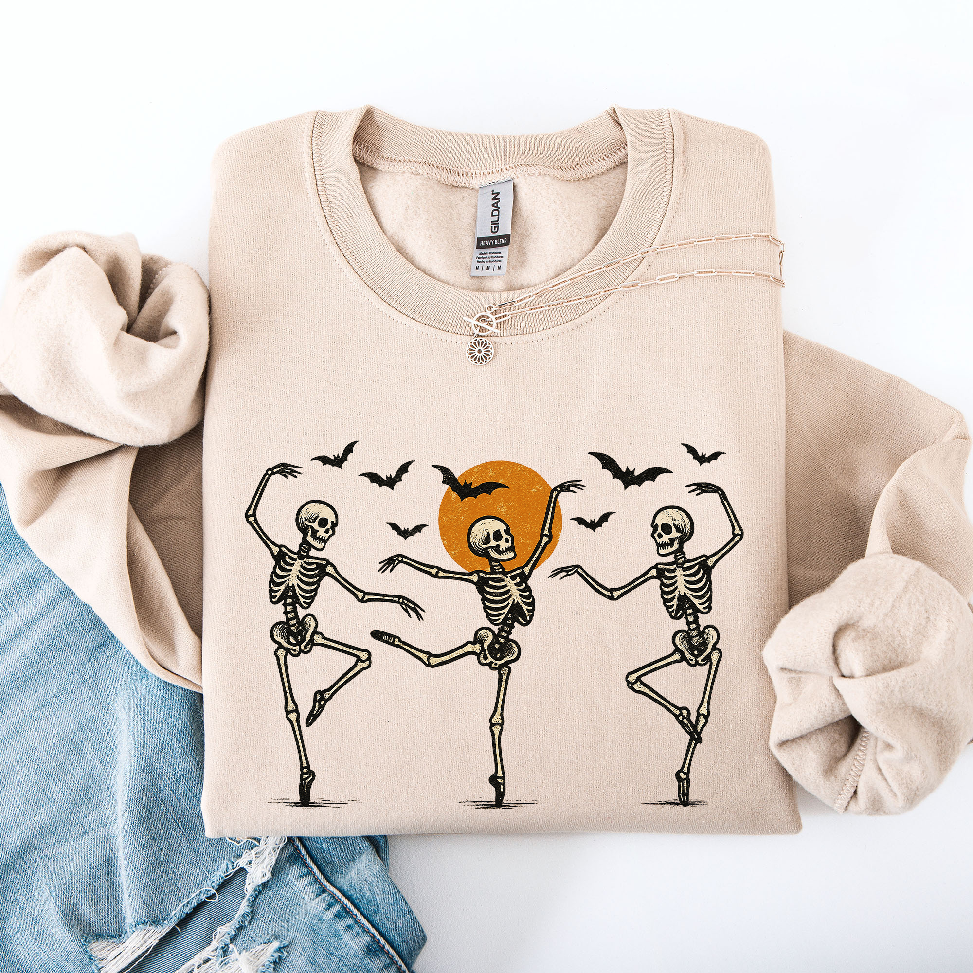 Skeleton Dancers Halloween Parade Vintage Moonlit Street Scene Cozy Retro Sweatshirt