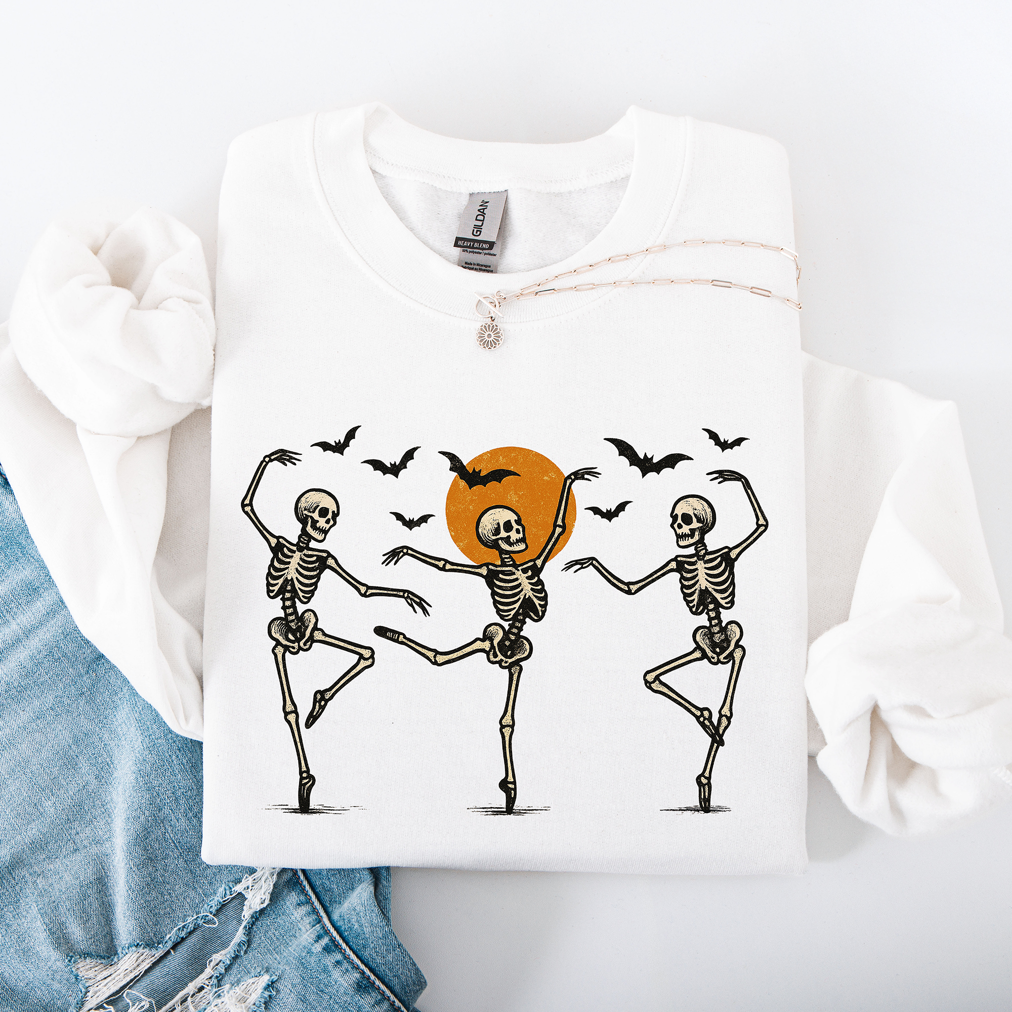 Skeleton Dancers Halloween Parade Vintage Moonlit Street Scene Cozy Retro Sweatshirt