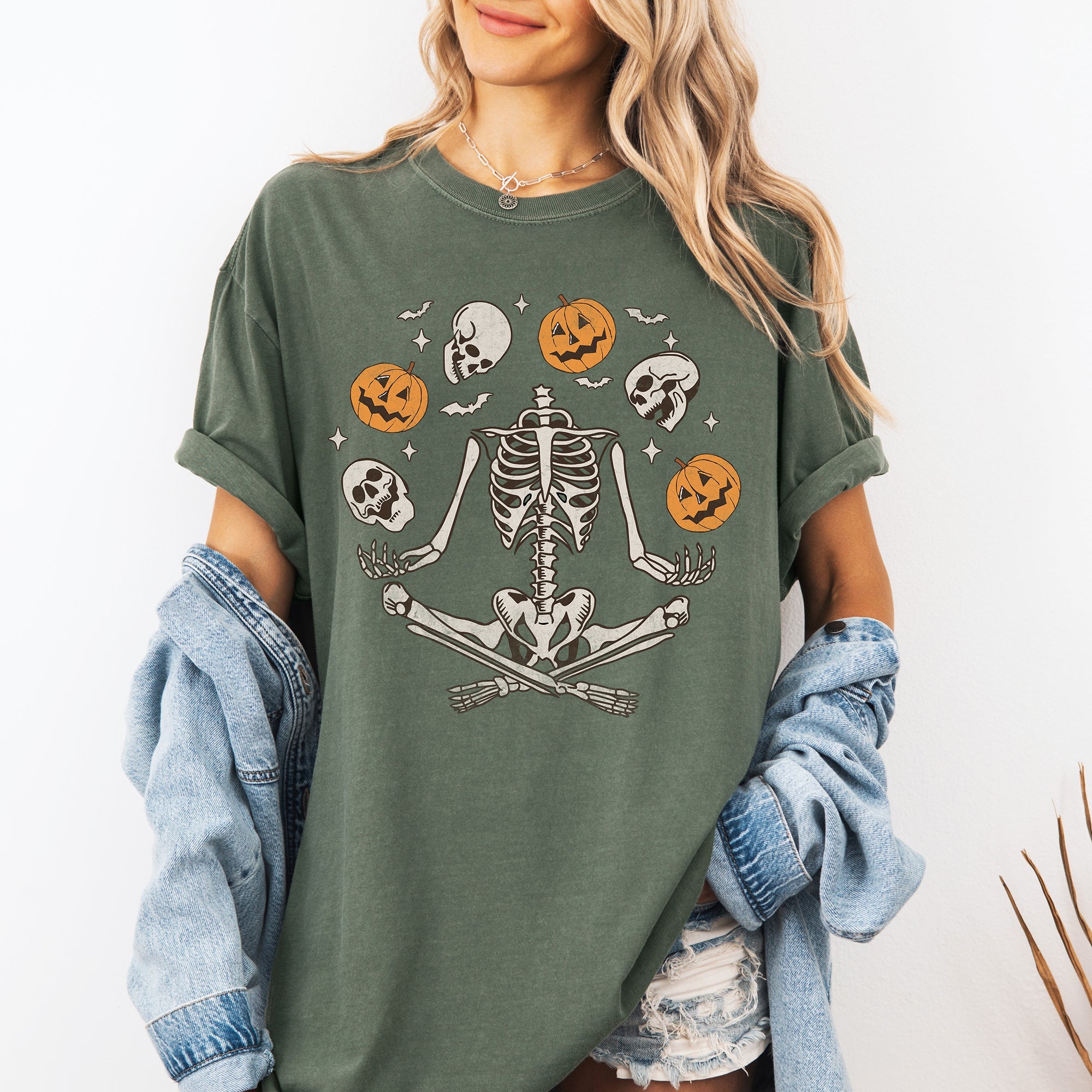 Skeleton Juggling Halloween Jack O Lantern Artwork Featuring Retro Vibes Comfort Colors Tee