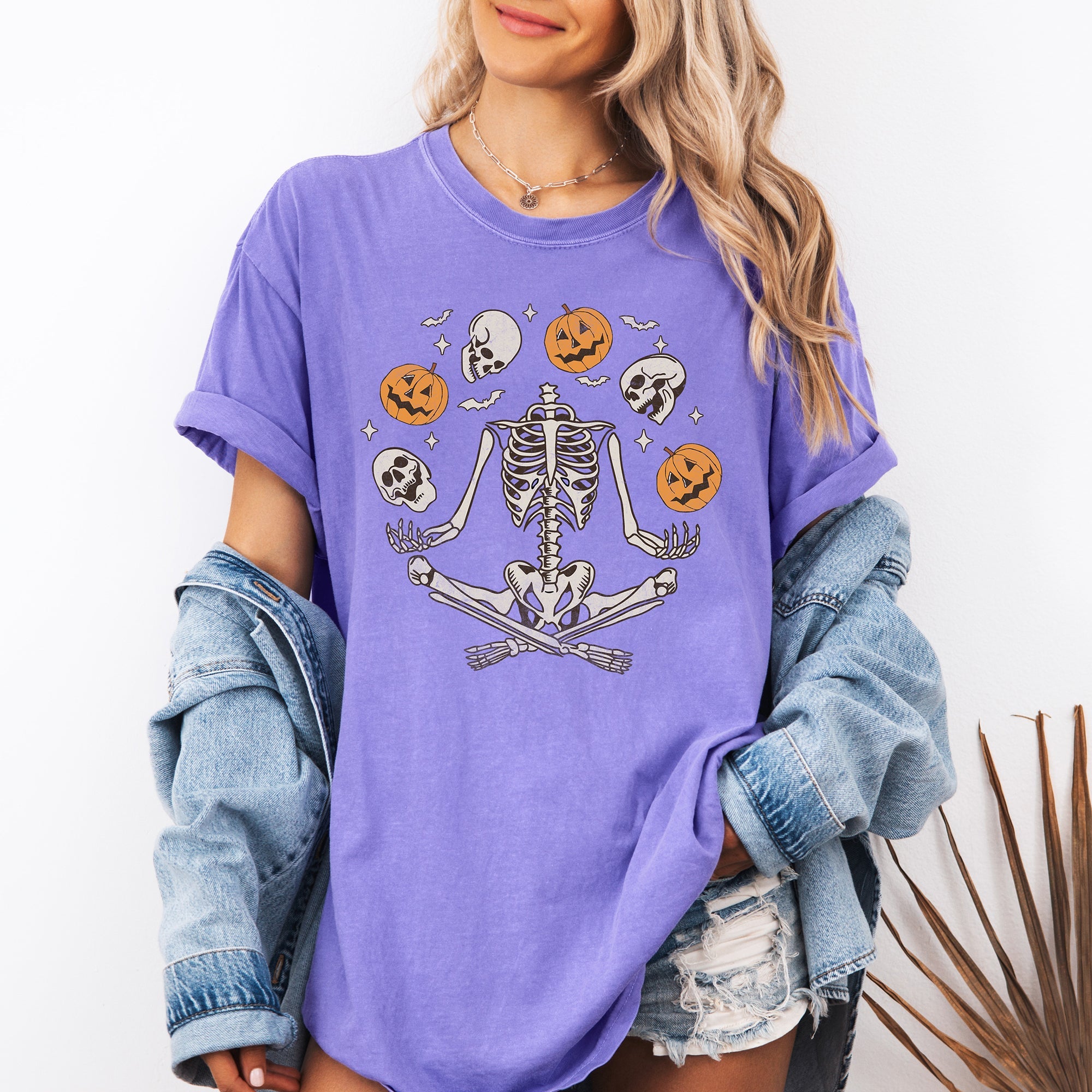 Skeleton Juggling Halloween Jack O Lantern Artwork Featuring Retro Vibes Comfort Colors Tee