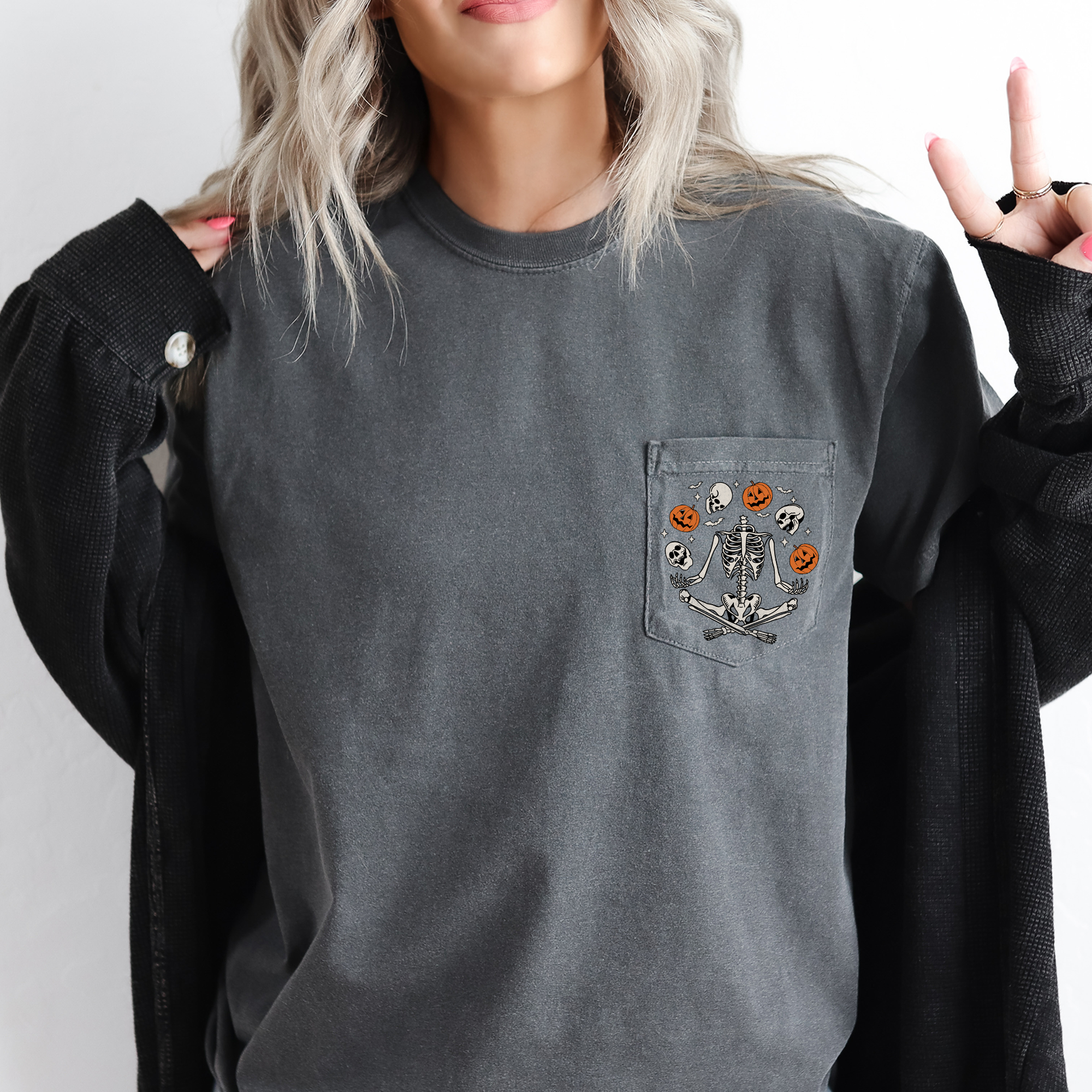 Skeleton Juggling Halloween Jack O Lantern Pocket Scene With Spooky Nighttime Charm Comfort Colors Tee