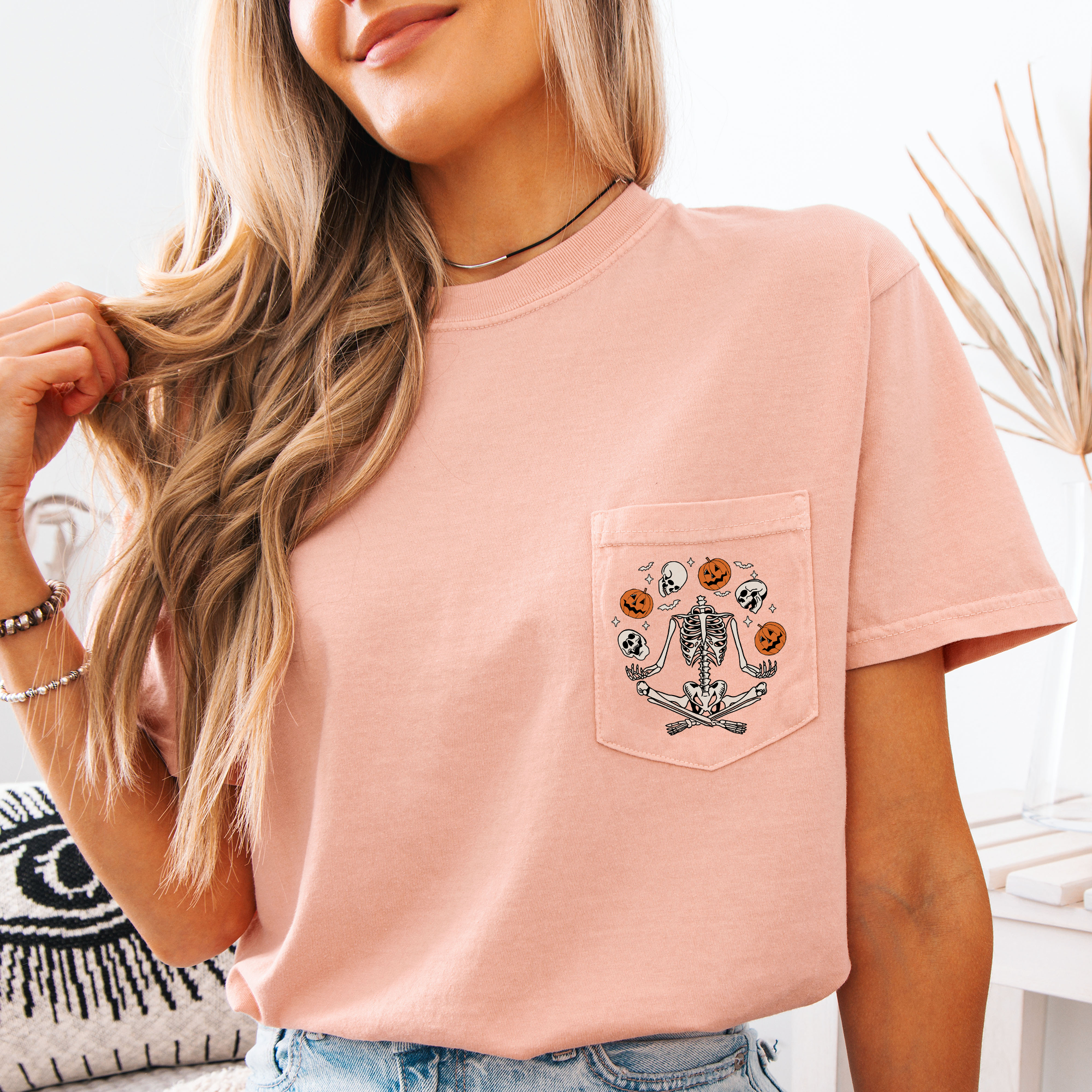 Skeleton Juggling Halloween Jack O Lantern Pocket Scene With Spooky Nighttime Charm Comfort Colors Tee