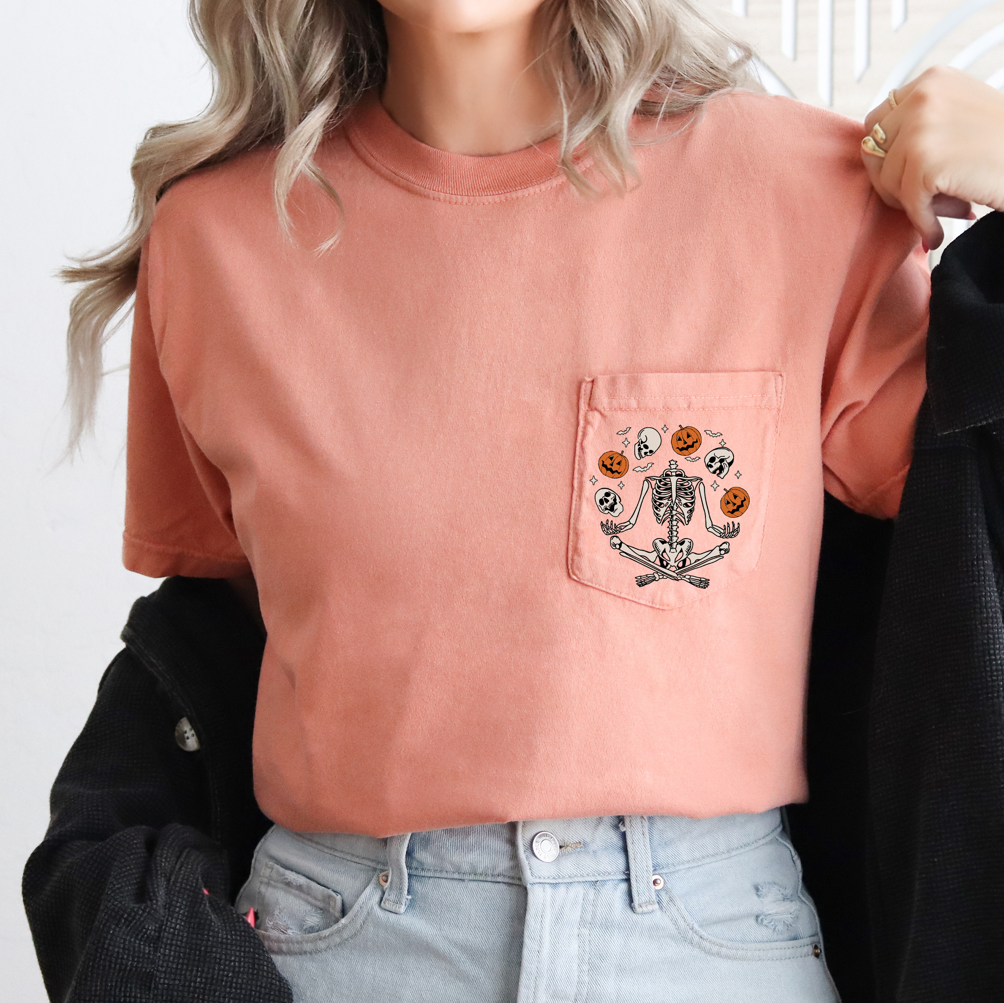 Skeleton Juggling Halloween Jack O Lantern Pocket Scene With Spooky Nighttime Charm Comfort Colors Tee