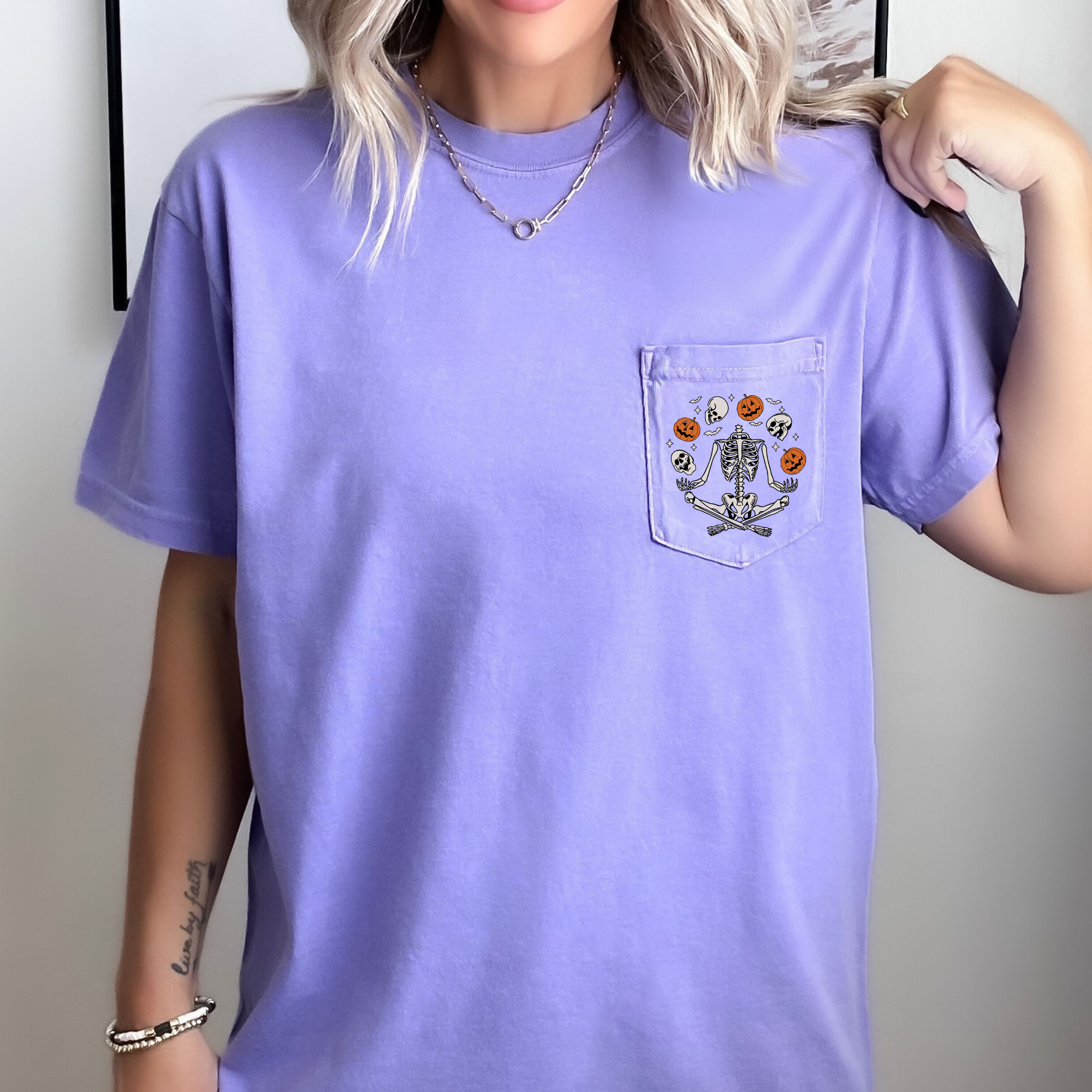 Skeleton Juggling Halloween Jack O Lantern Pocket Scene With Spooky Nighttime Charm Comfort Colors Tee