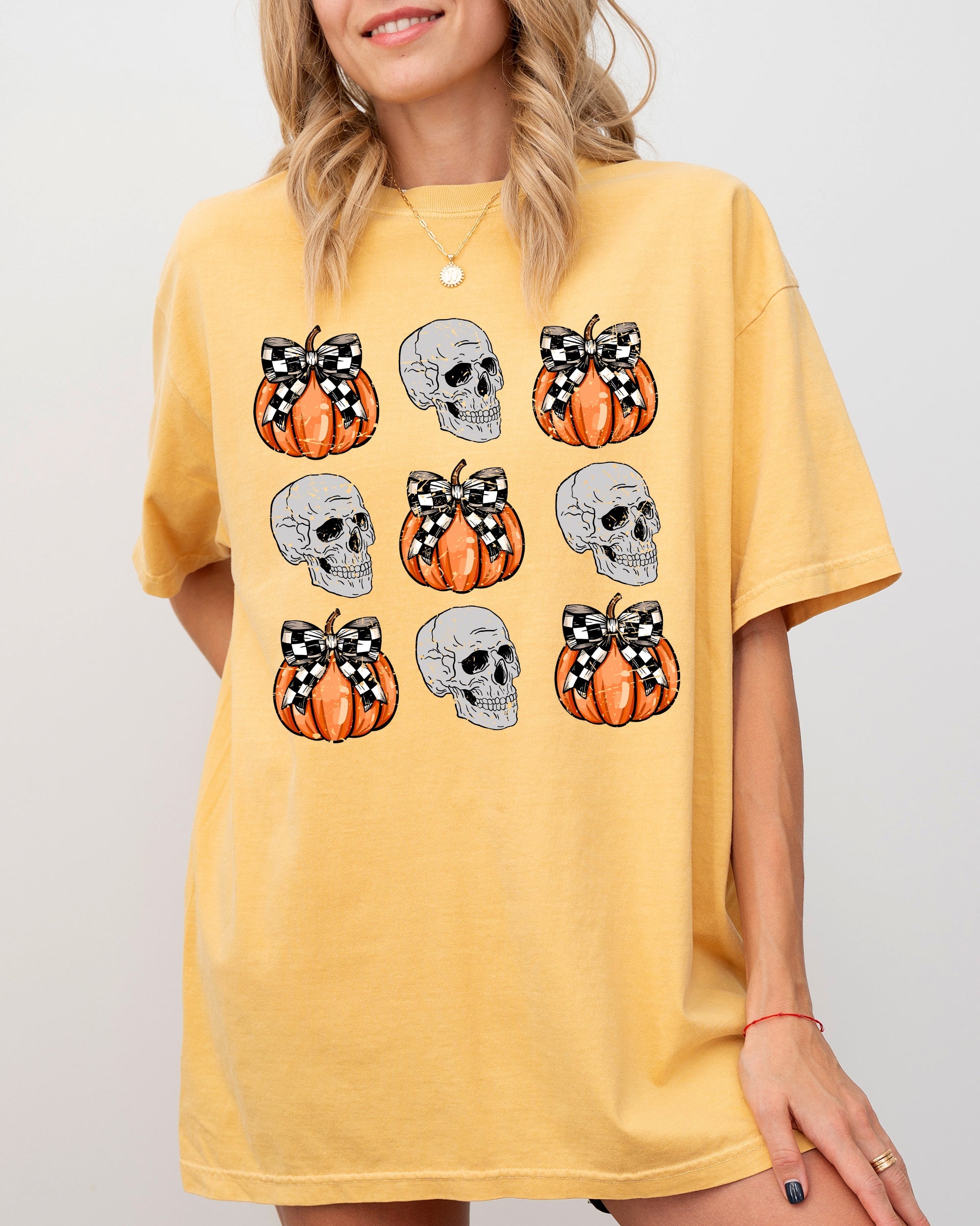Skulls and Checkered Pumpkins, Coquette Ribbons and Bows Halloween Edition Comfort Colors Tee