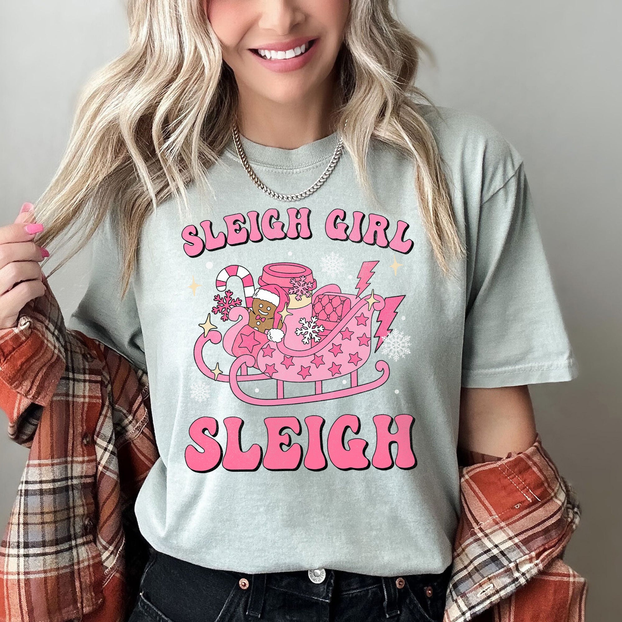 Sleigh Girl Sleigh Christmas Retro Vintage Holiday Cheer Snowfall Night Sky Festive Lights Comfort Colors Tee