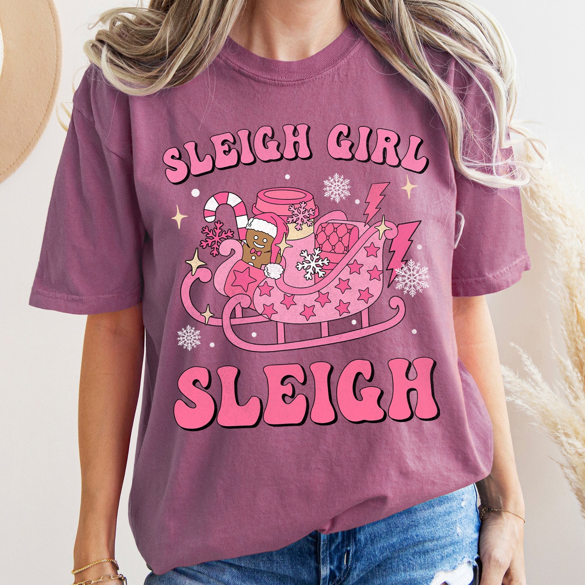 Sleigh Girl Sleigh Christmas Retro Vintage Holiday Cheer Snowfall Night Sky Festive Lights Comfort Colors Tee
