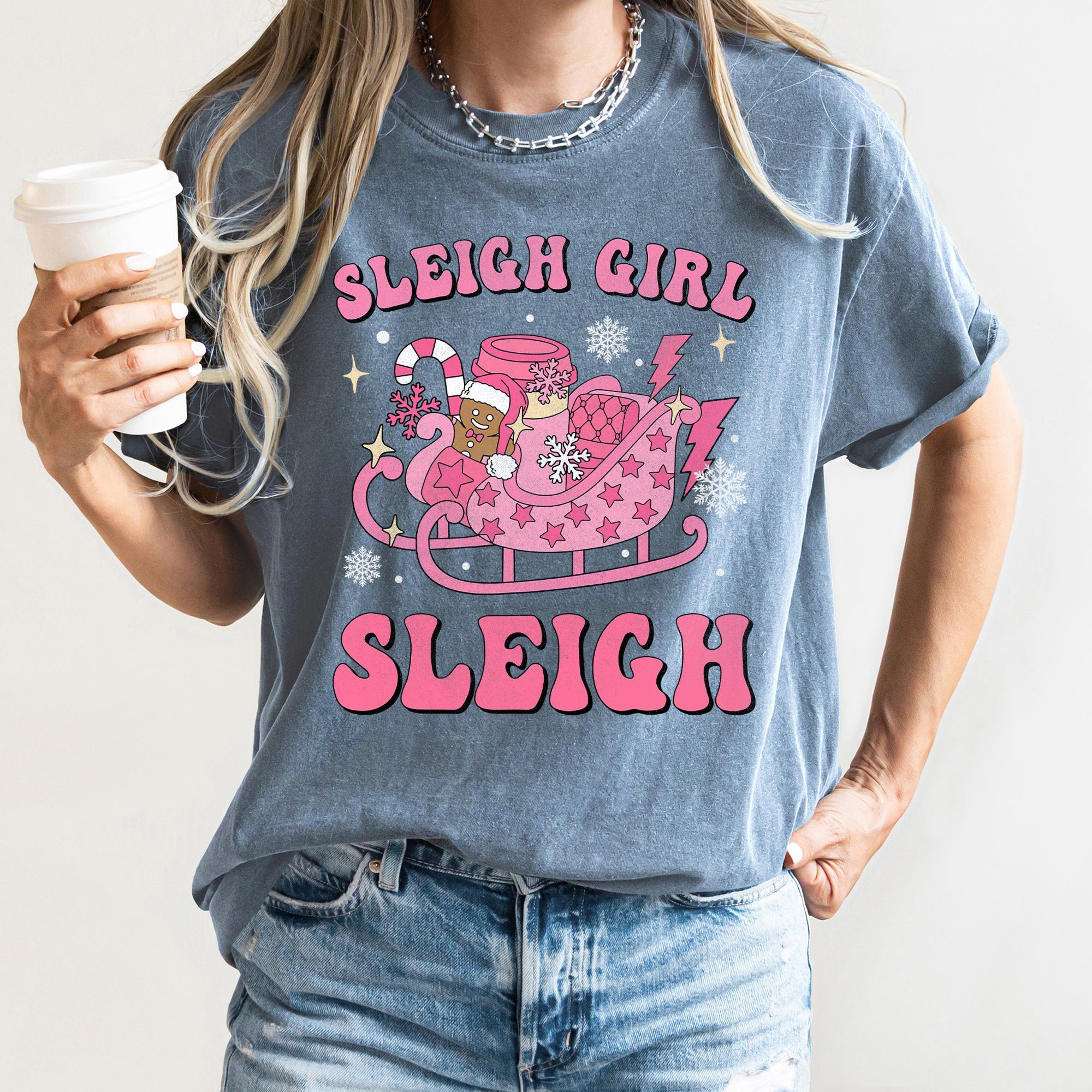 Sleigh Girl Sleigh Christmas Retro Vintage Holiday Cheer Snowfall Night Sky Festive Lights Comfort Colors Tee