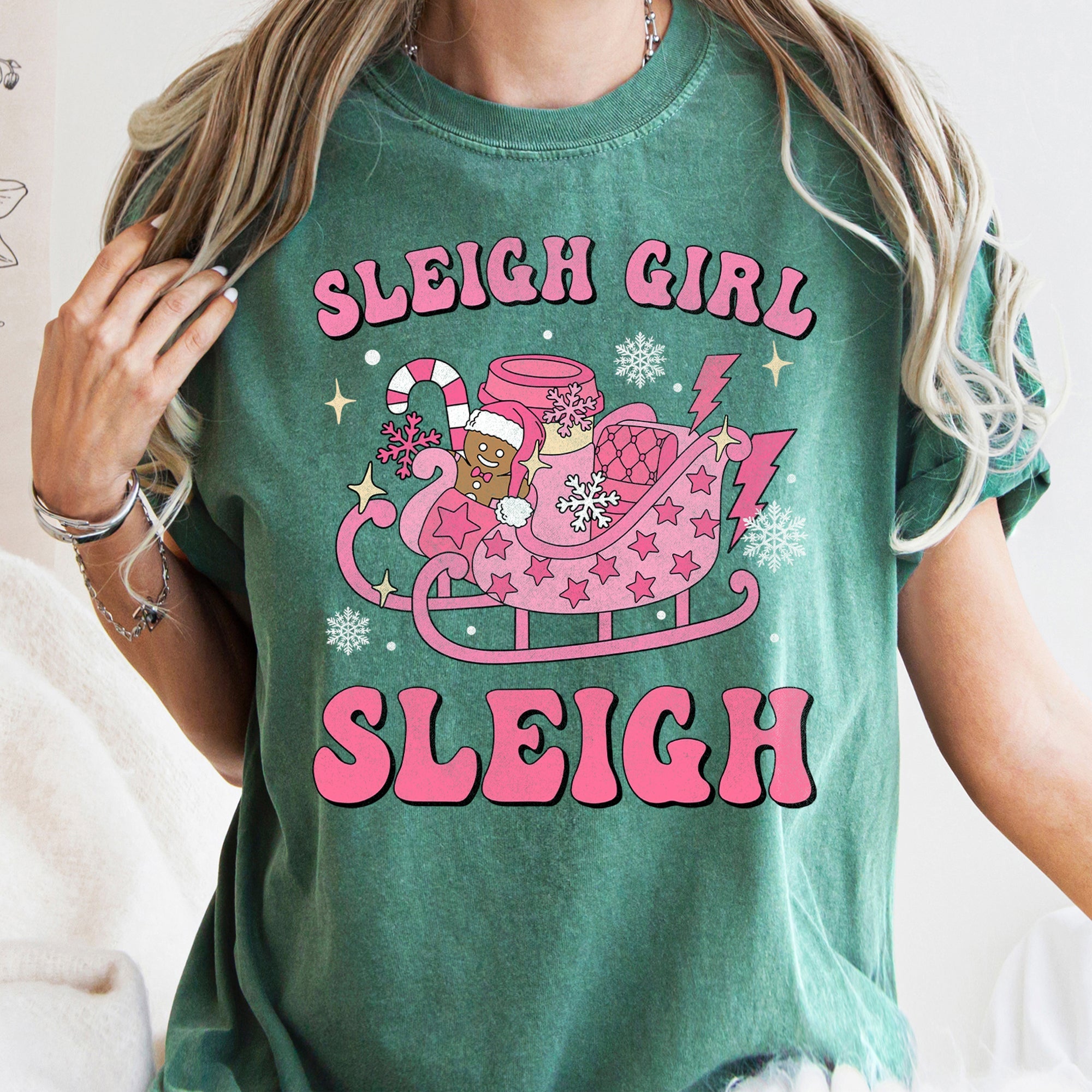 Sleigh Girl Sleigh Christmas Retro Vintage Holiday Cheer Snowfall Night Sky Festive Lights Comfort Colors Tee