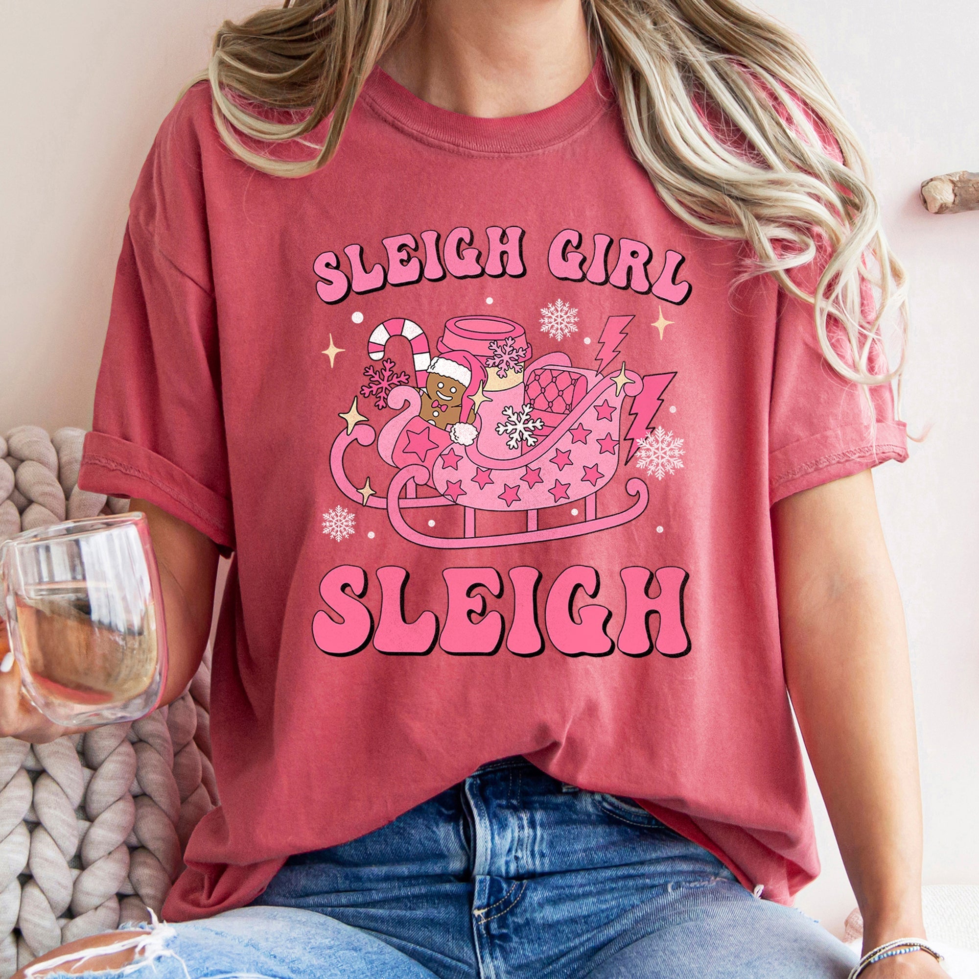 Sleigh Girl Sleigh Christmas Retro Vintage Holiday Cheer Snowfall Night Sky Festive Lights Comfort Colors Tee