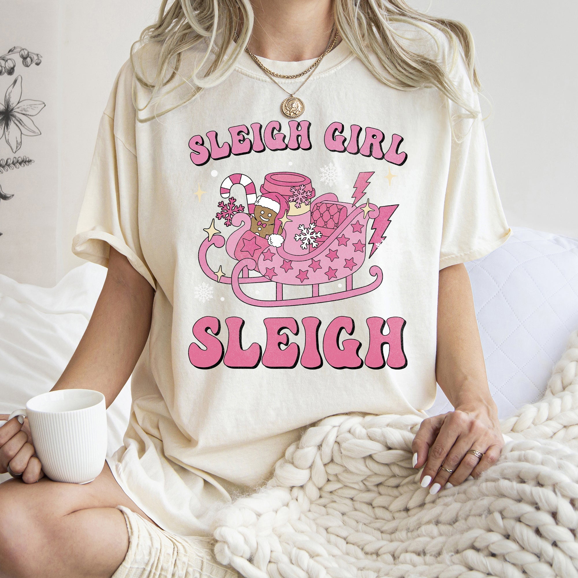 Sleigh Girl Sleigh Christmas Retro Vintage Holiday Cheer Snowfall Night Sky Festive Lights Comfort Colors Tee