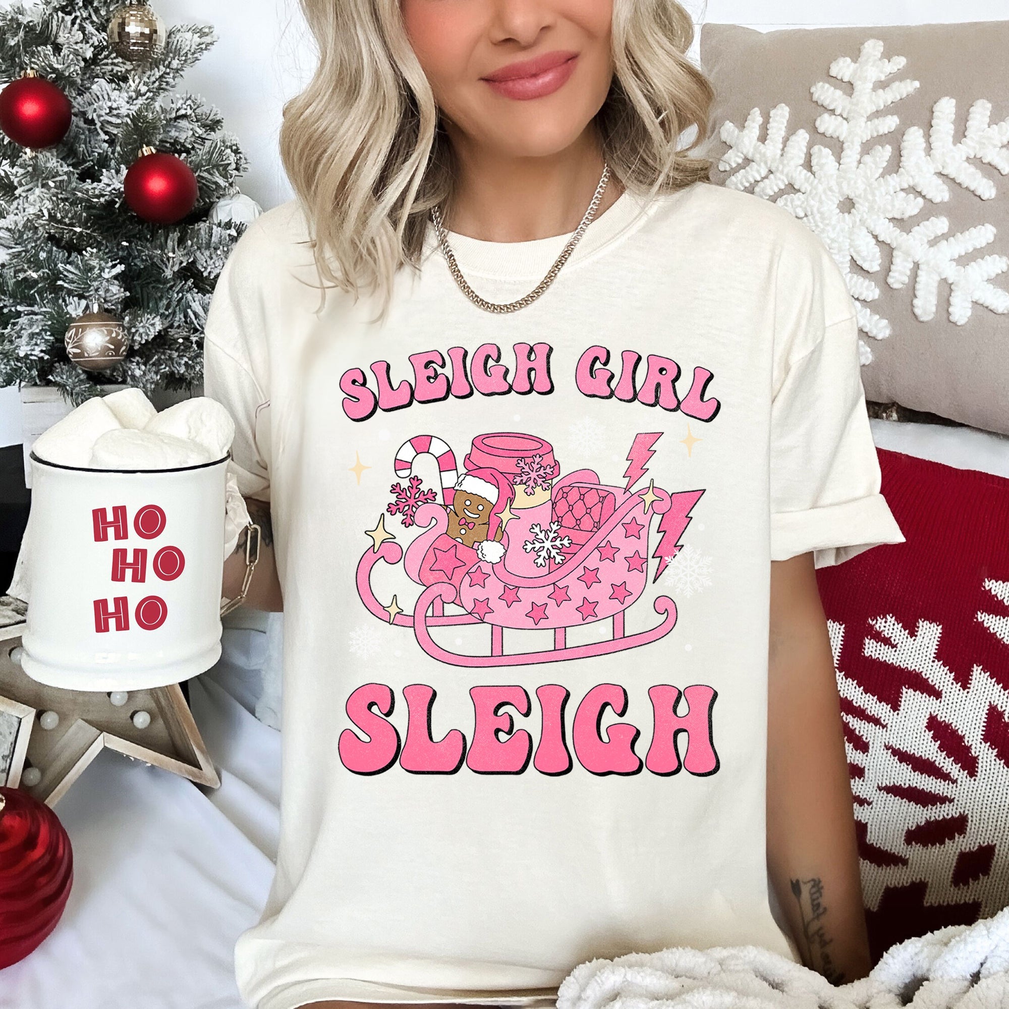 Sleigh Girl Sleigh Christmas Retro Vintage Holiday Cheer Snowfall Night Sky Festive Lights Comfort Colors Tee