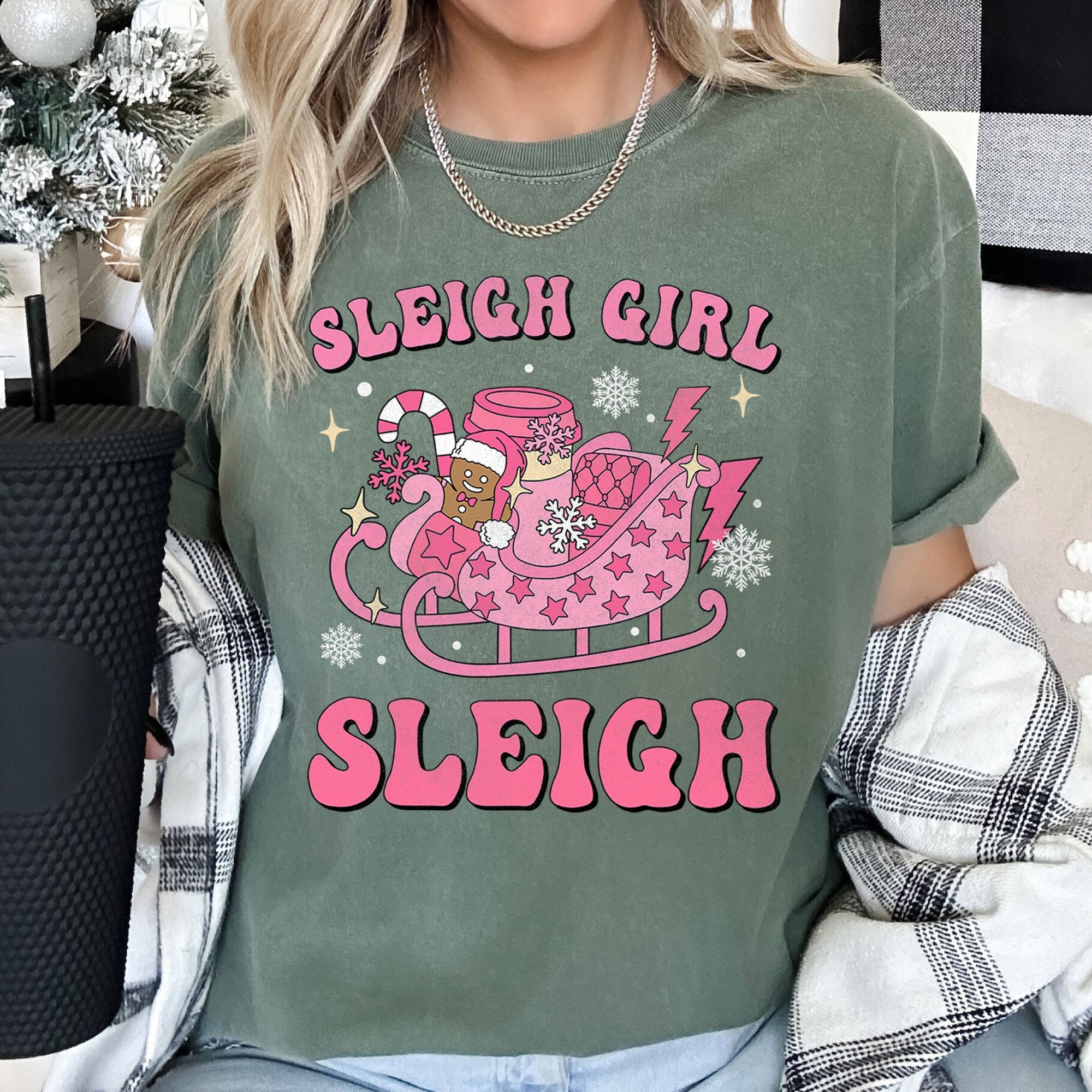 Sleigh Girl Sleigh Christmas Retro Vintage Holiday Cheer Snowfall Night Sky Festive Lights Comfort Colors Tee