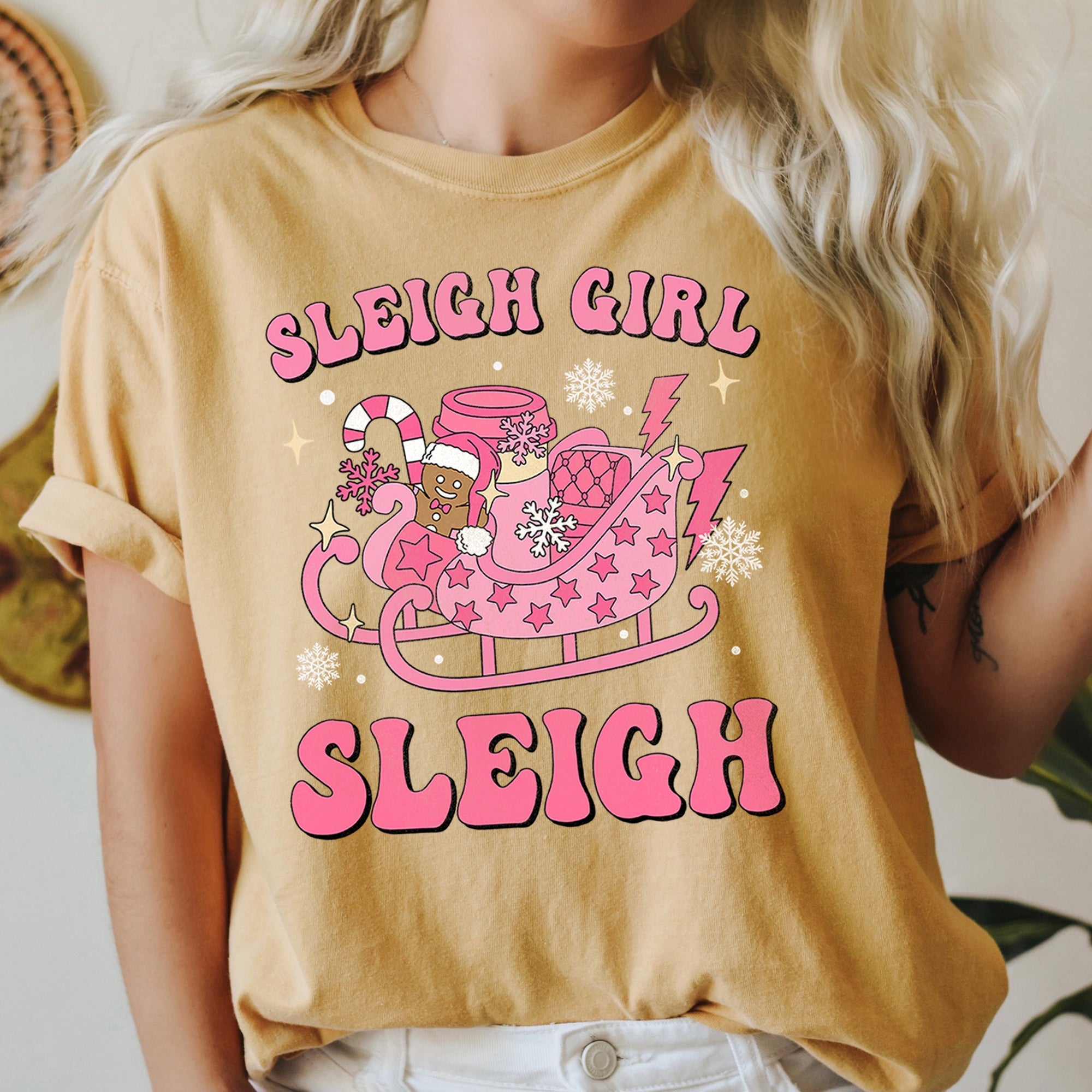 Sleigh Girl Sleigh Christmas Retro Vintage Holiday Cheer Snowfall Night Sky Festive Lights Comfort Colors Tee